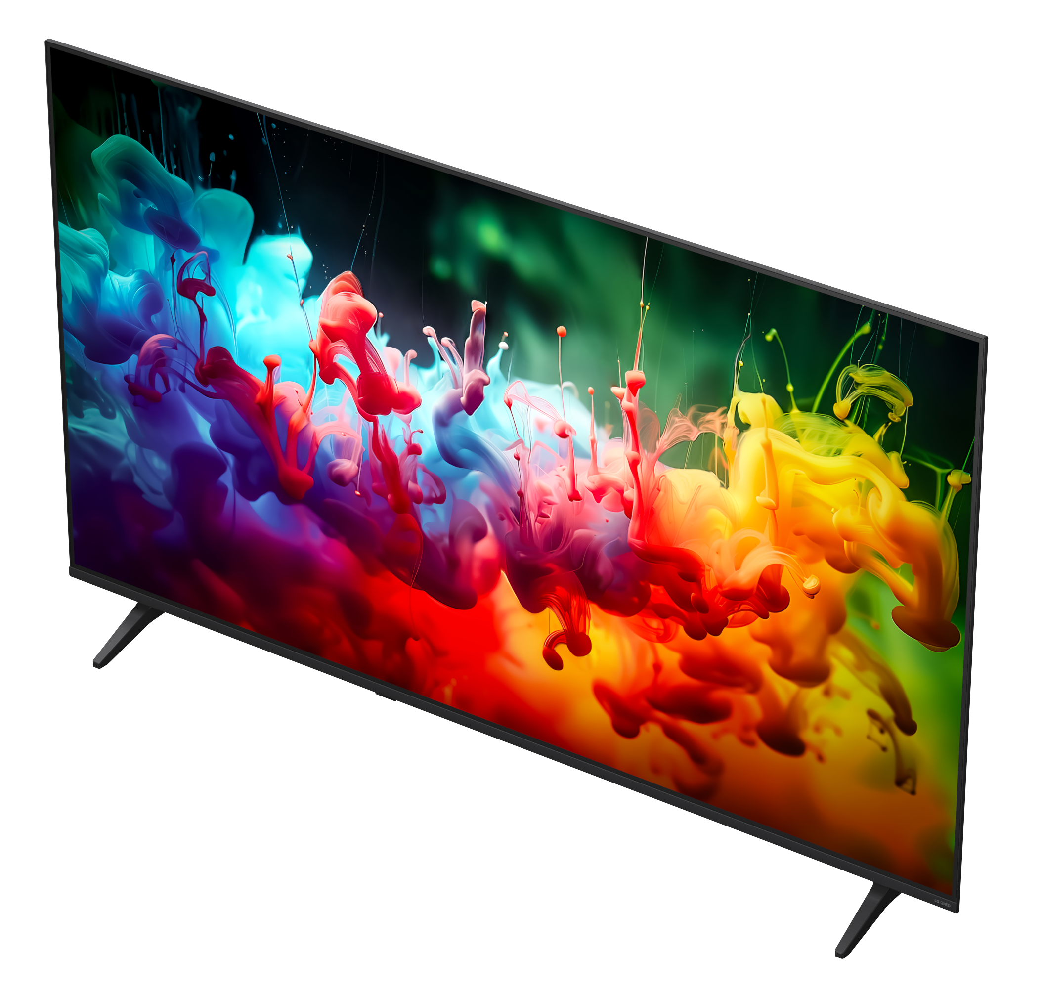 Nowoczesny telewizor wyświetlający żywe, kolorowe plamy dymu lub farby.