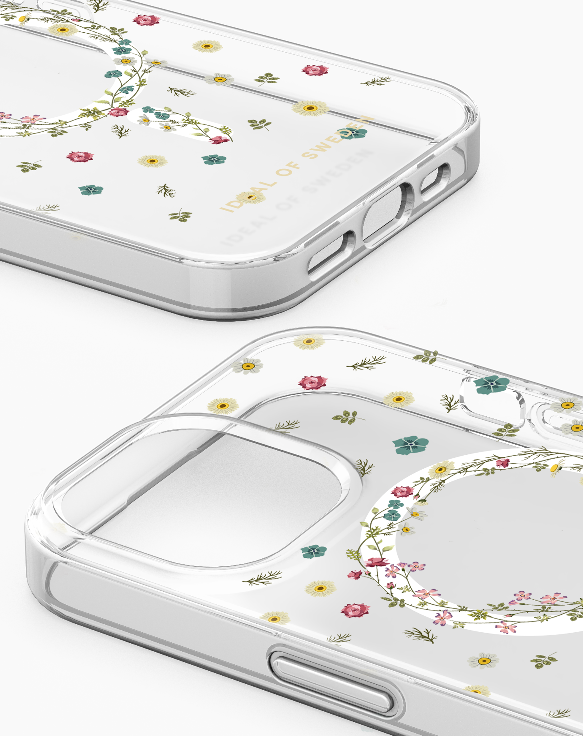 Transparente Handyhülle mit zartem Blumenmuster und Goldprägung.
