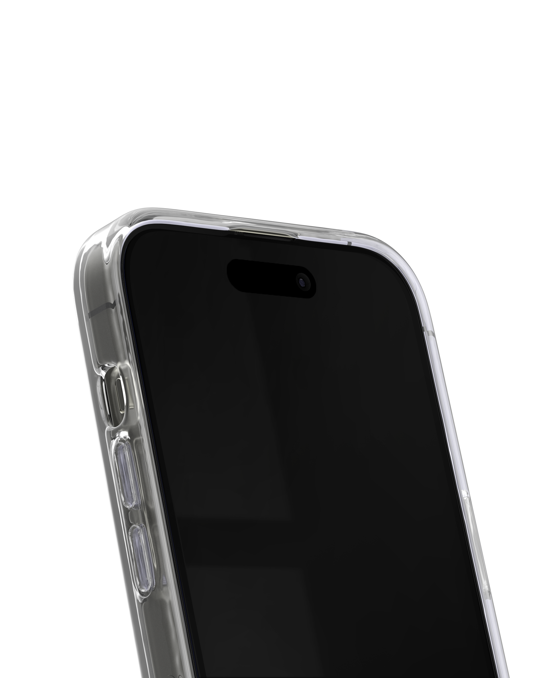 Ein klarer Handyhülle schützt ein schwarzes Smartphone mit Notch.