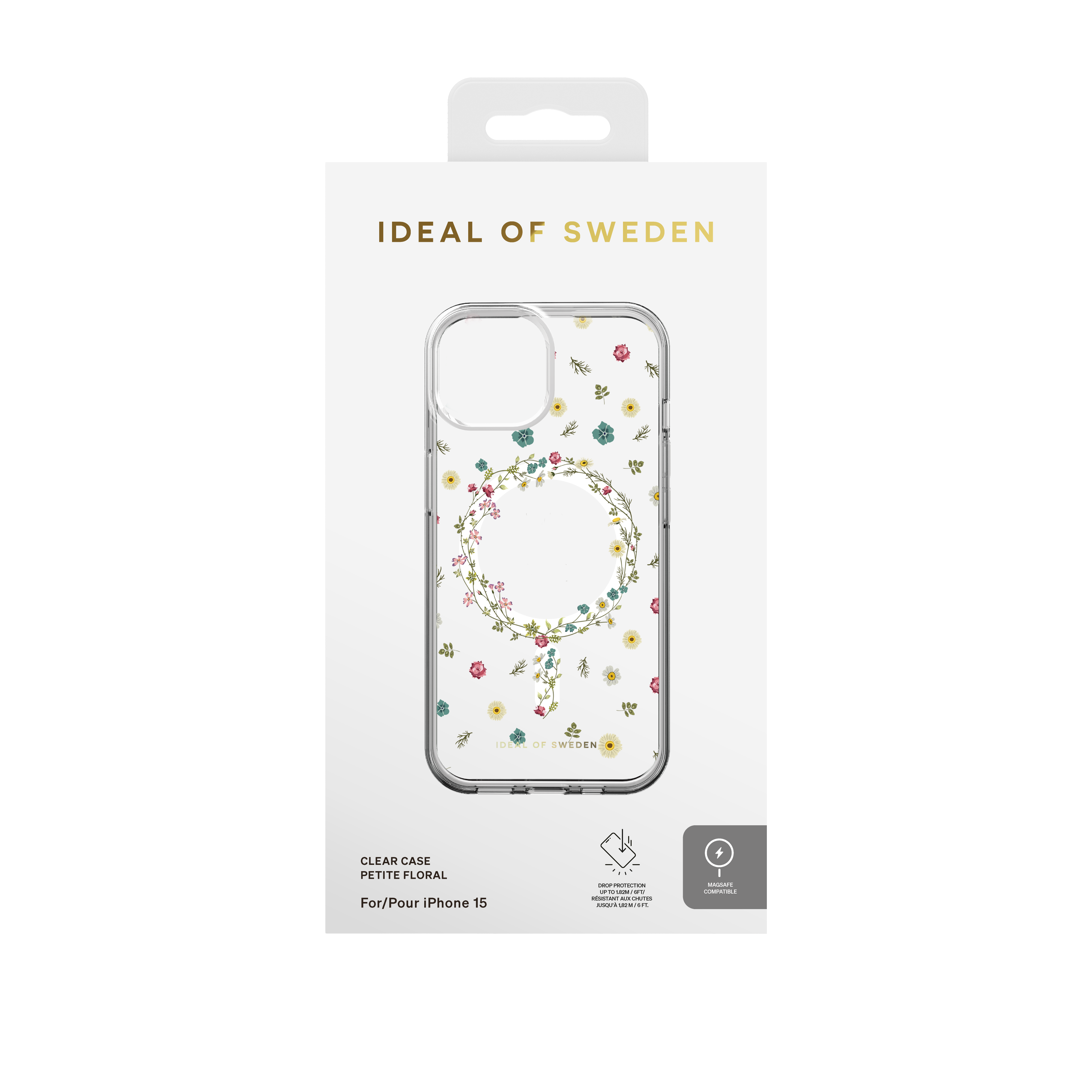 Verpackung für eine klare iPhone 15 Hülle mit zarten Blumen.