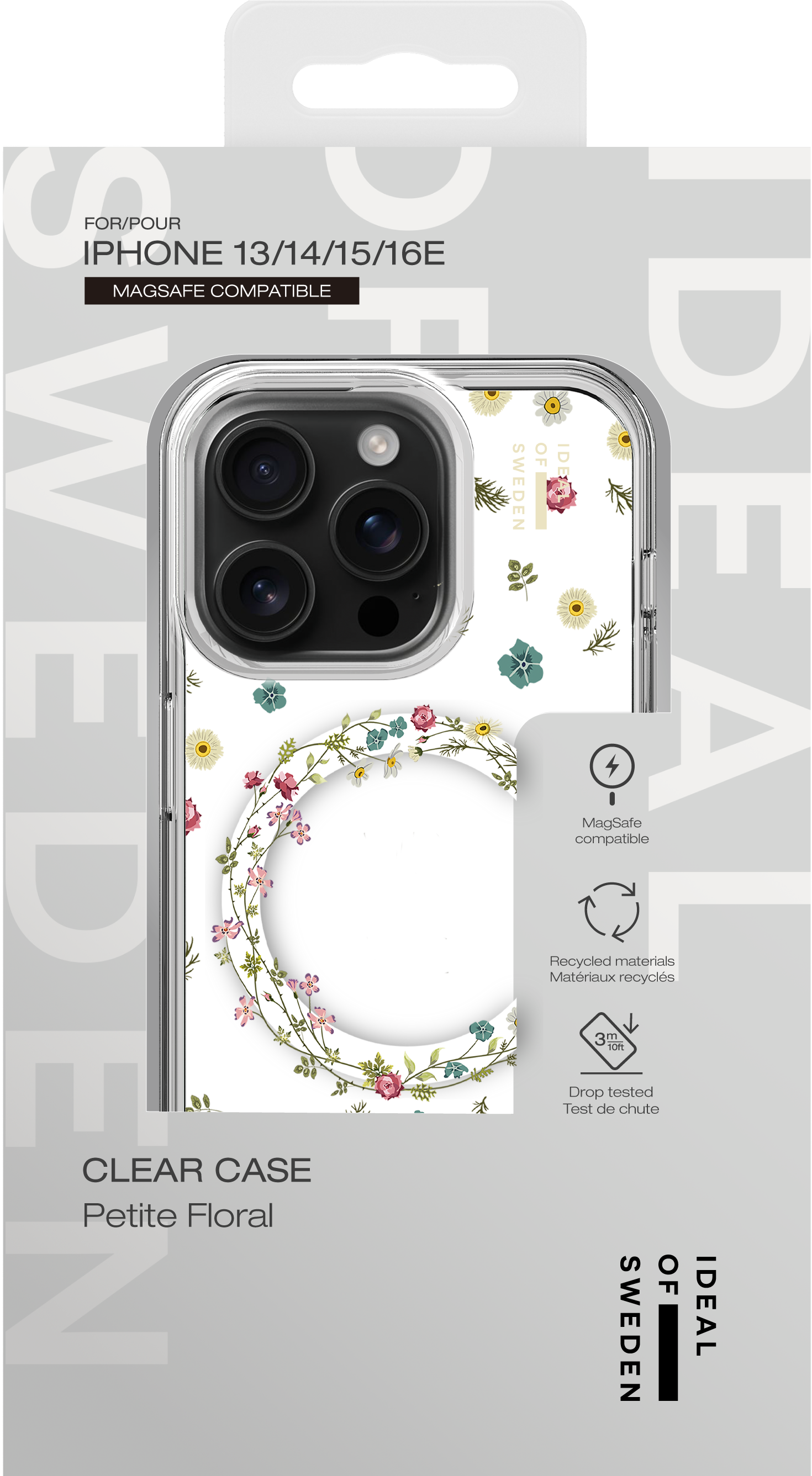 iPhone 13/14/15/16E Hülle mit zartem Blumendruck, MagSafe-kompatibel.