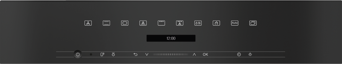 Bedienelemente mit Symbolen f&uuml;r Ventilator, Uhrzeit 12:00, Ein/Aus, WLAN und mehr.