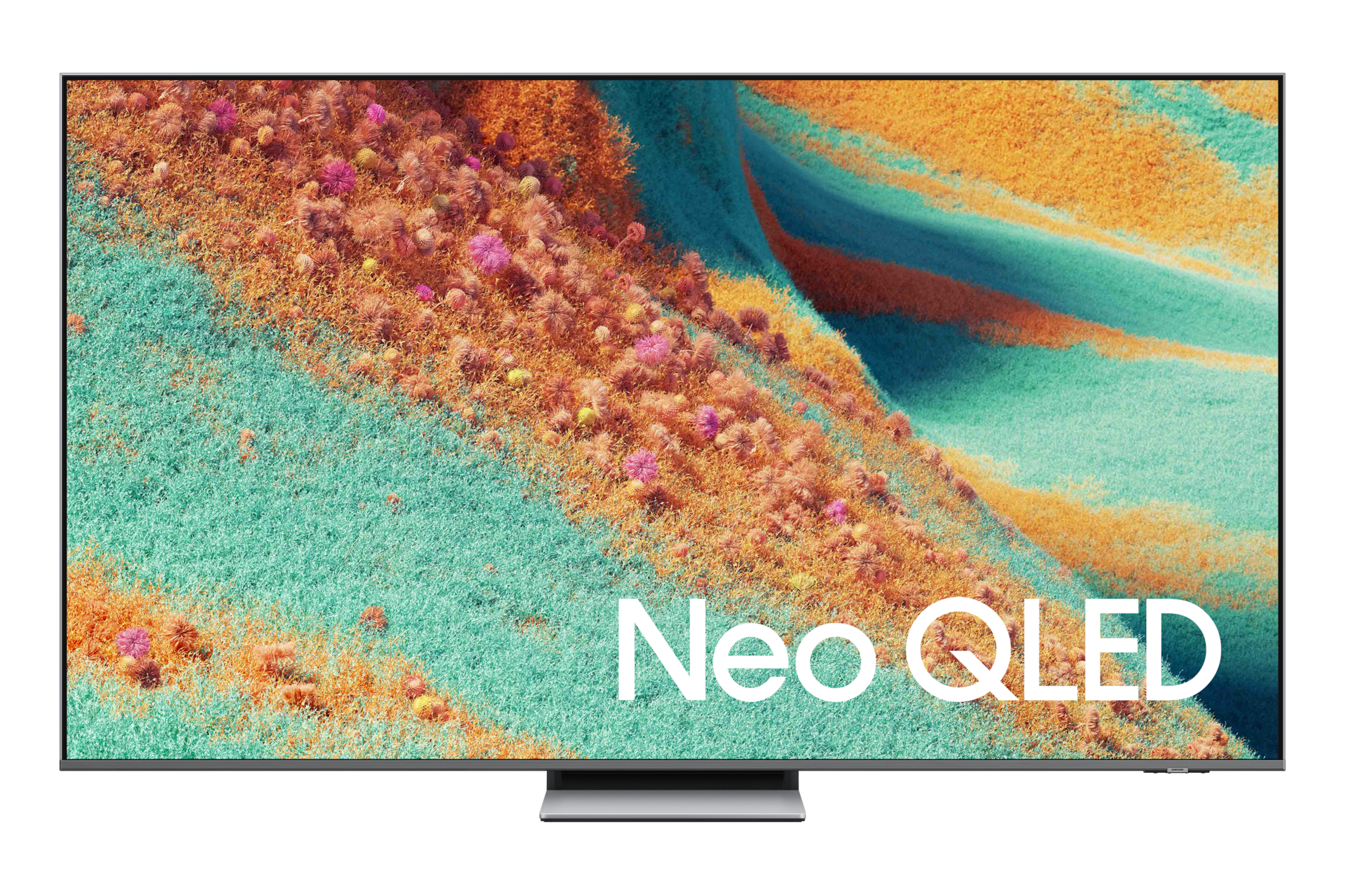 Telewizor Neo QLED z abstrakcyjnym tłem w odcieniach turkusu i pomarańczu.