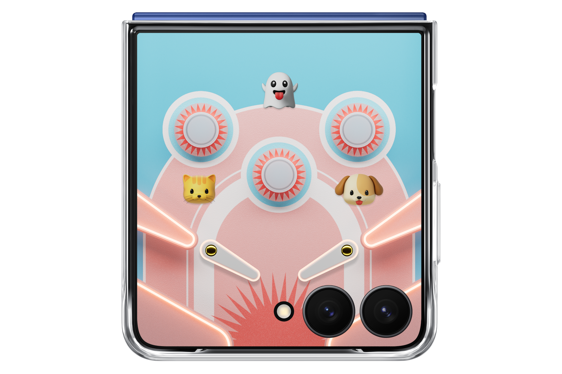 Ein Telefonbildschirm zeigt ein Pinball-Spiel mit niedlichen Cartoon-Tieren und einem Geist.