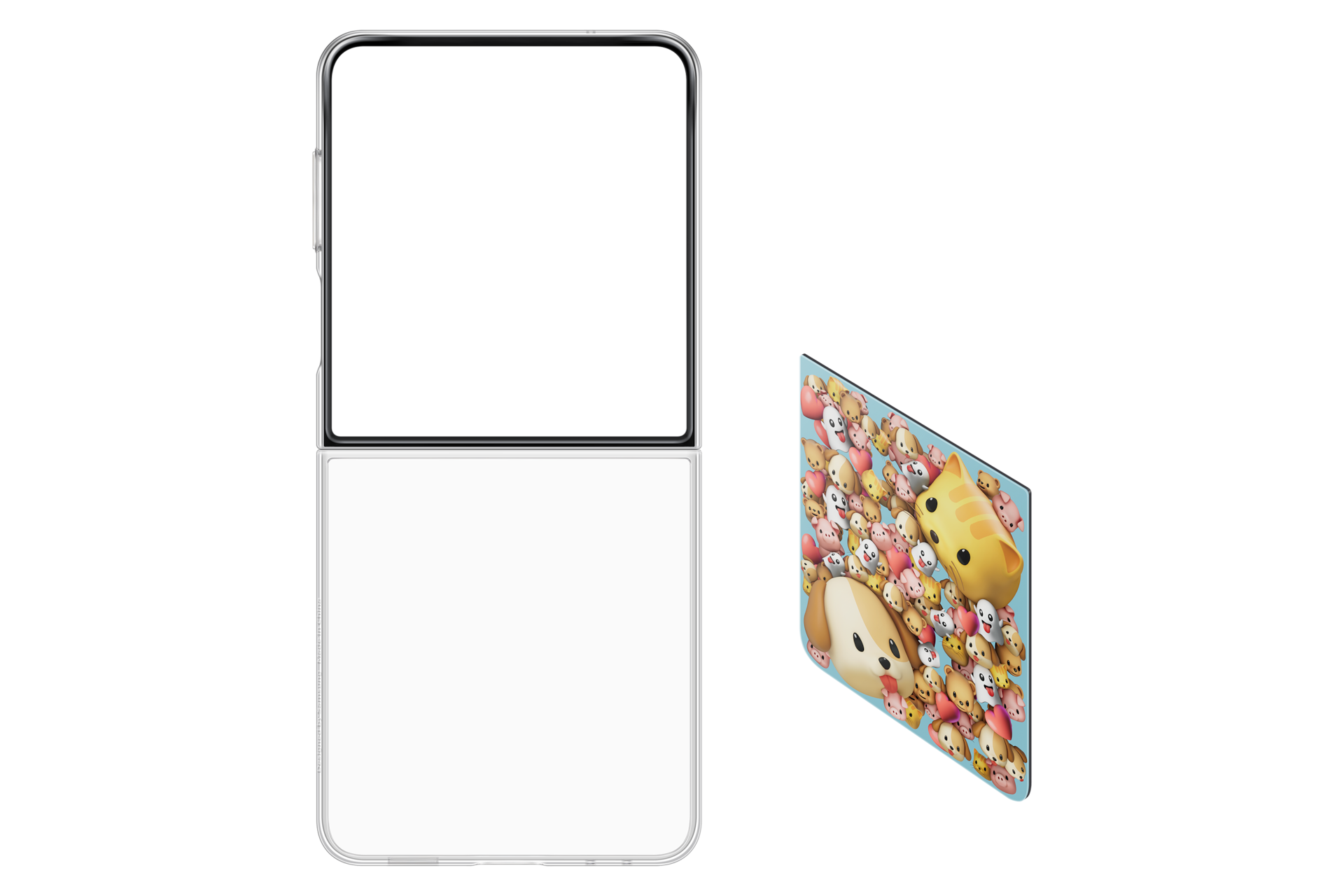 Ein aufklappbares Smartphone mit einem transparenten Gehäuse und einem Aufkleber mit vielen niedlichen Tiermotiven.