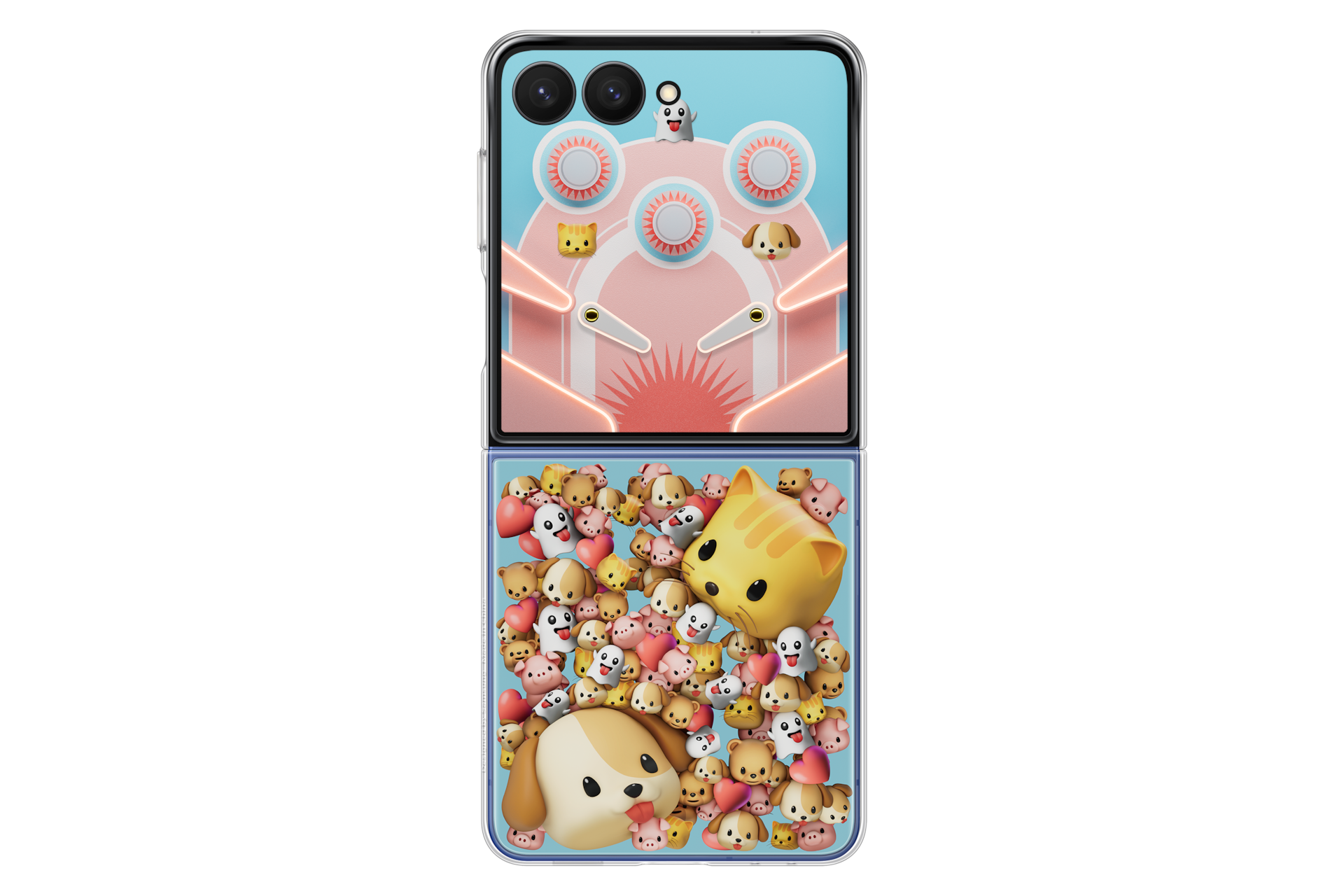 Ein aufgeschlagenes Handy mit niedlichen Tier-Emojis auf beiden Bildschirmen.