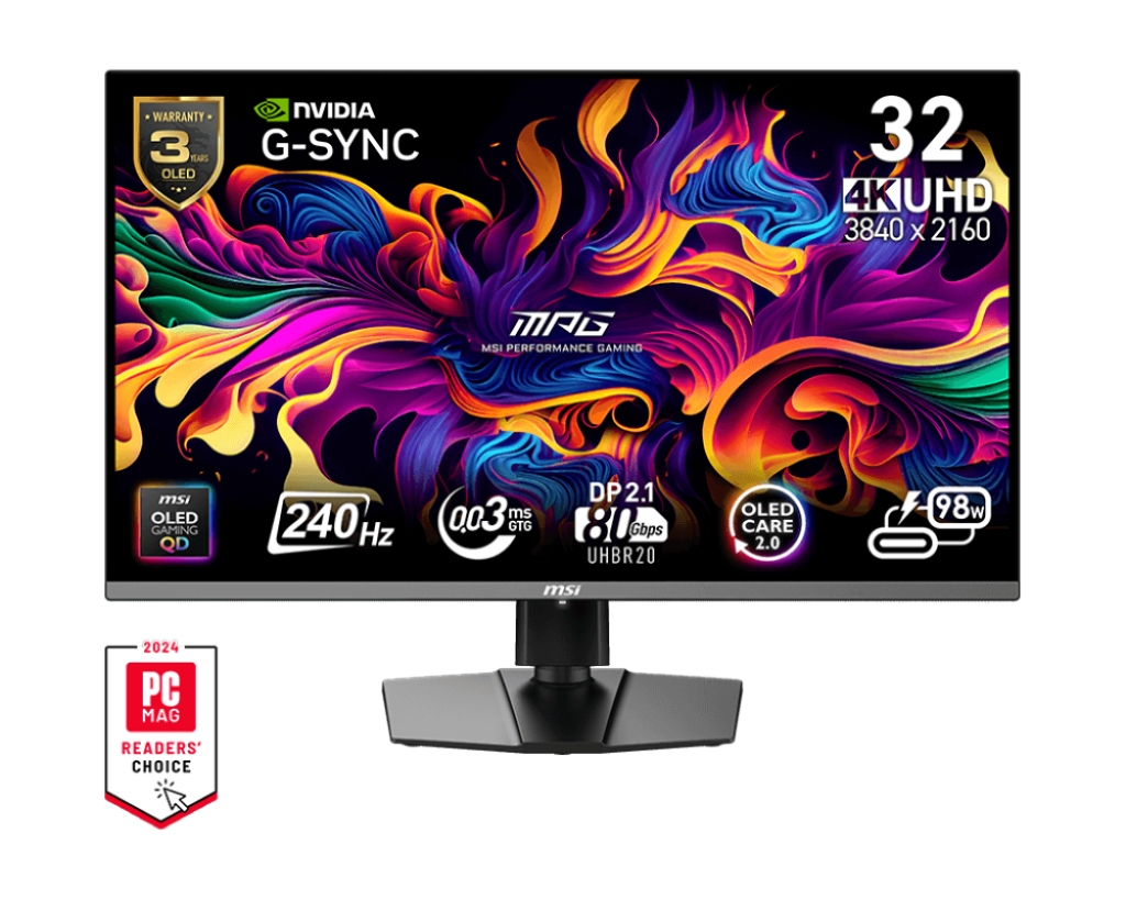 MSI 32 4K UHD OLED Gaming-Monitor mit NVIDIA G-SYNC und 240Hz Bildwiederholrate.
