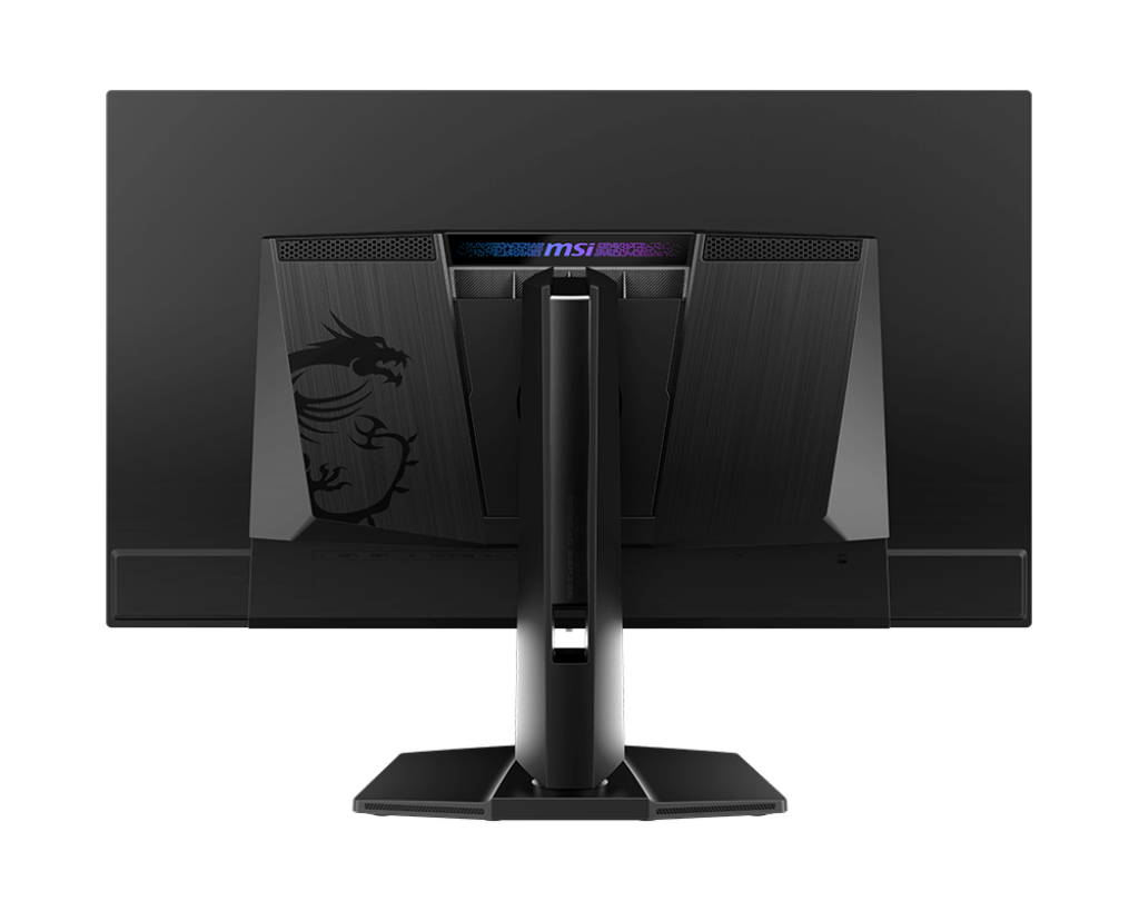 Rückansicht eines schwarzen MSI Gaming-Monitors mit Drachenlogo und RGB-Beleuchtung.