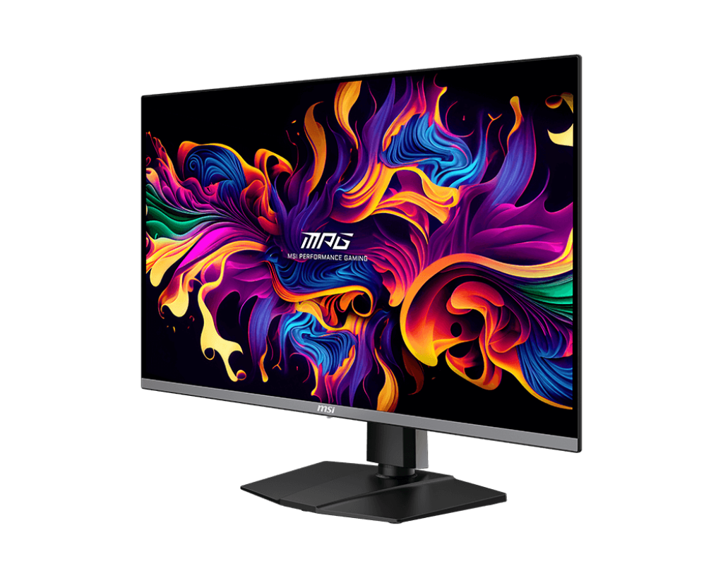 Ein schwarzer Computermonitor zeigt ein lebendiges, abstraktes, flammendes Design in mehreren Farben.