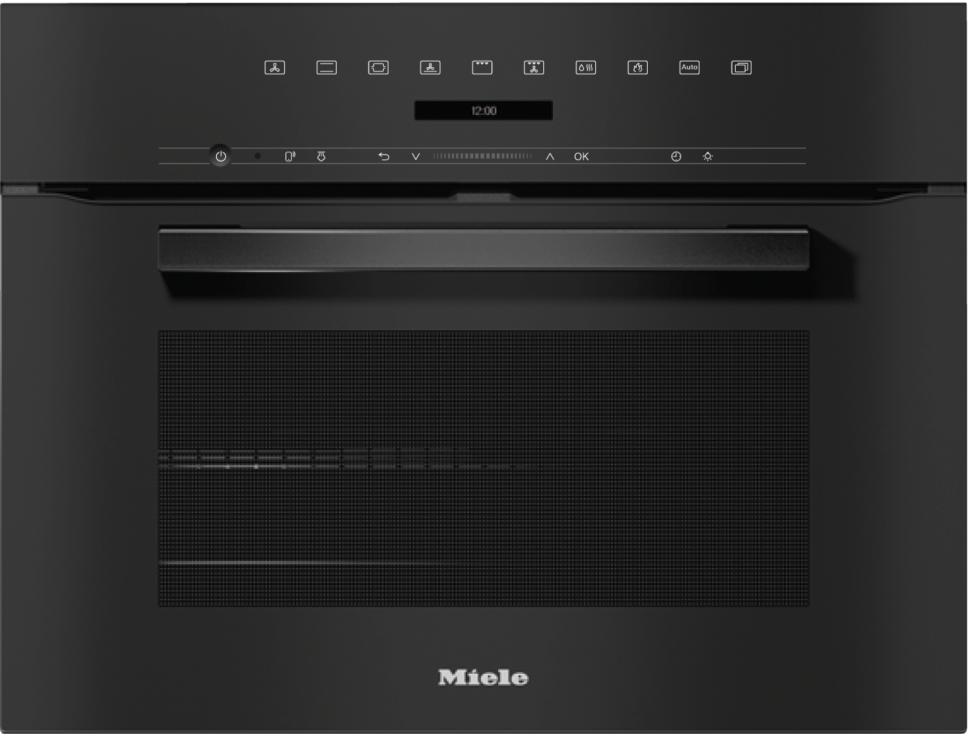 Moderne schwarze Einbau-Einbauküche mit silbernem Griff und digitaler Anzeige.