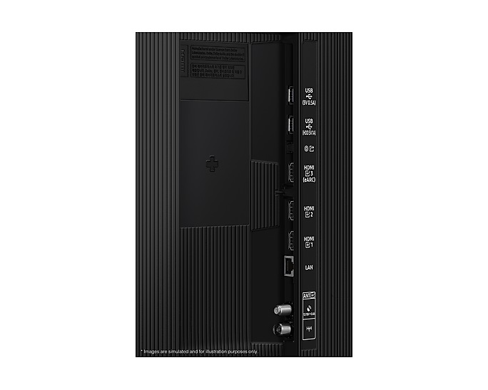Tył czarnego telewizora z portami: USB, HDMI, LAN, złącza antenowe.