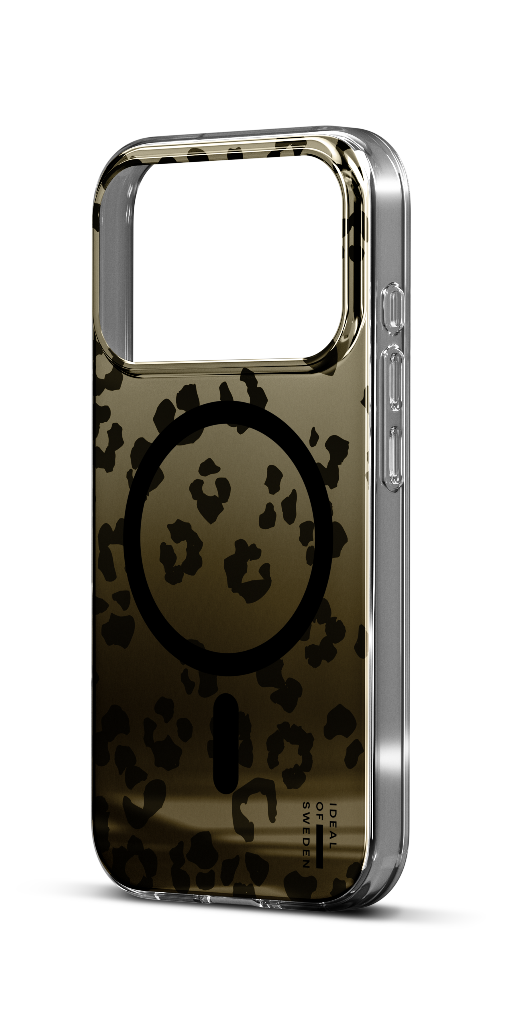 iPhone Hülle mit Leopardenmuster und silbernem Rand auf schwarzem Hintergrund.