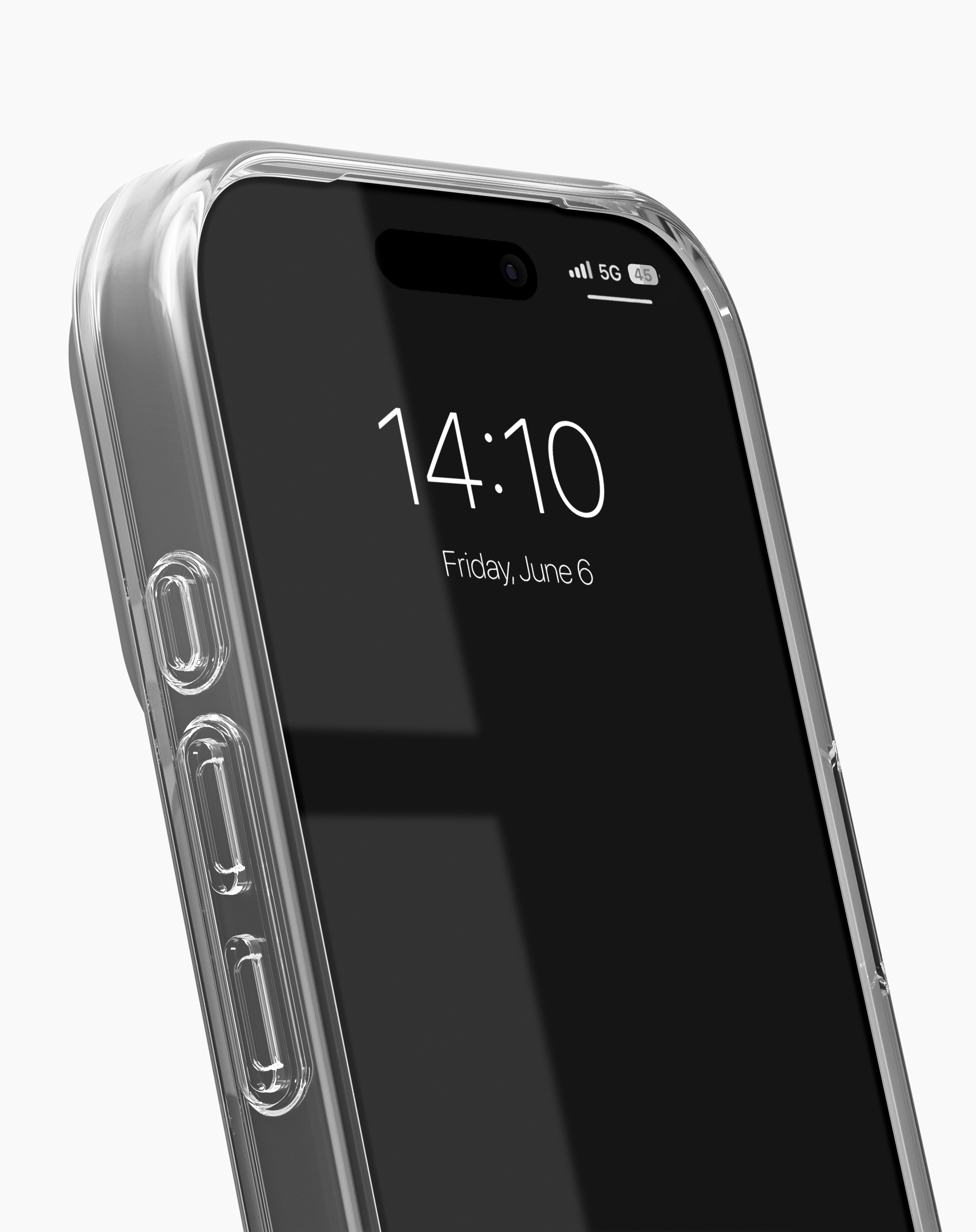 Ein klares Handyhülle mit einem Smartphone mit einer Uhrzeit von 14:10.