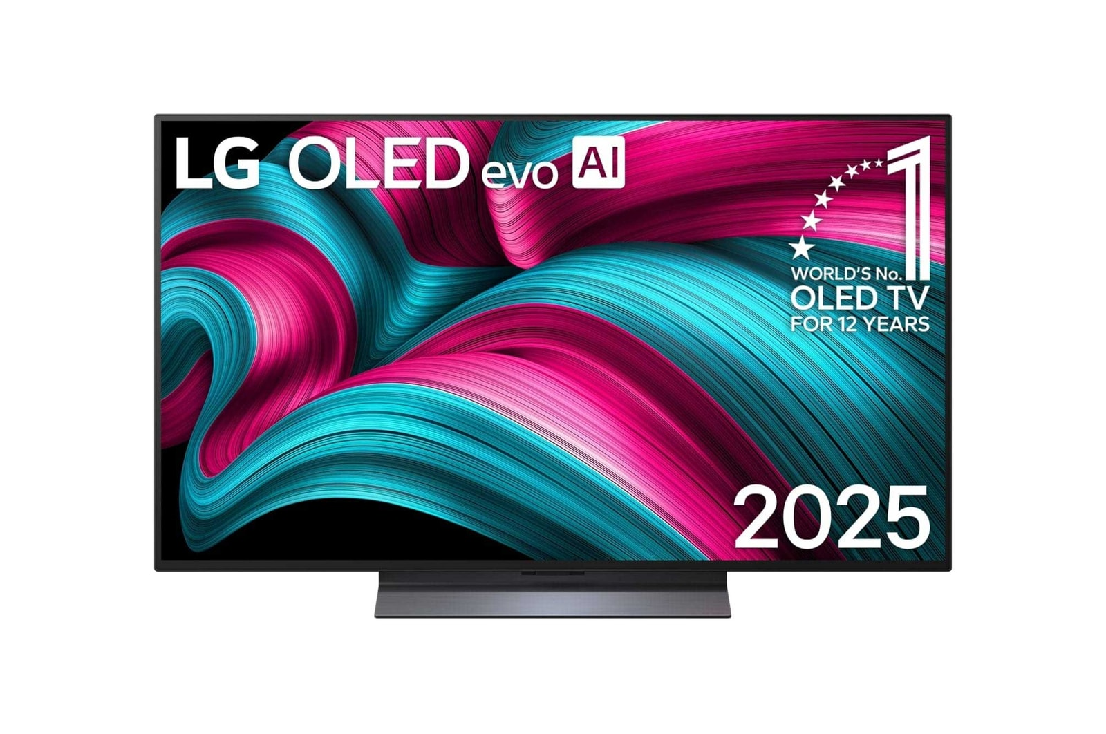 Telewizor LG OLED evo AI z dynamicznym różowo-turkusowym tłem i napisem "World's No. 1 OLED TV".
