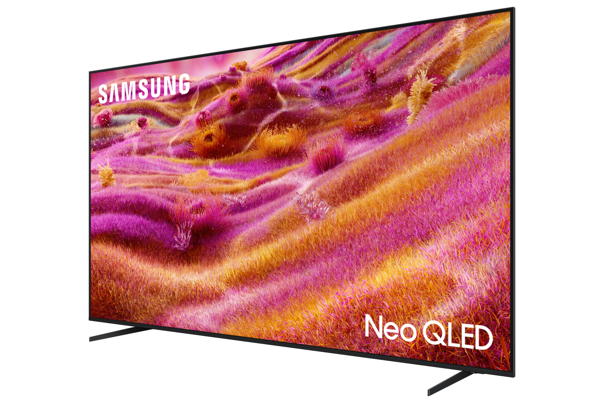 Ein Samsung Neo QLED Fernseher mit einem bunten, abstrakten Hintergrund.