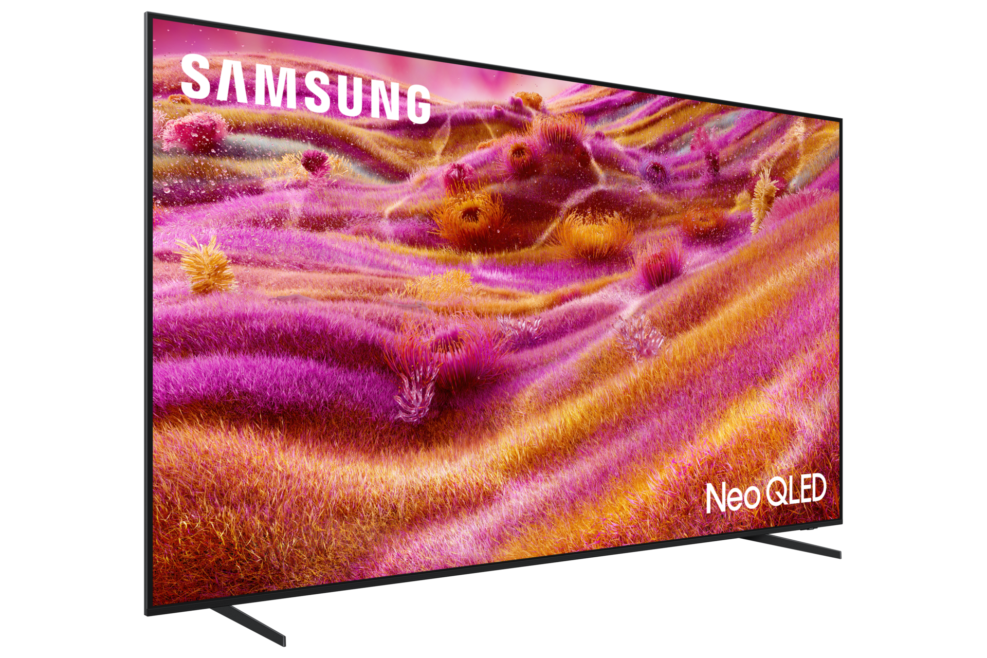 Samsung Neo QLED TV-Bildschirm zeigt abstrakte farbenfrohe Landschaft mit rosa und orangem Gras.