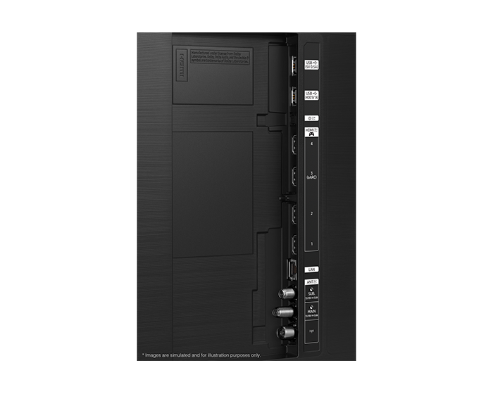Rückseite eines schwarzen Fernsehers mit Anschlüssen: HDMI, USB, LAN, Antenne und Koaxialkabel.