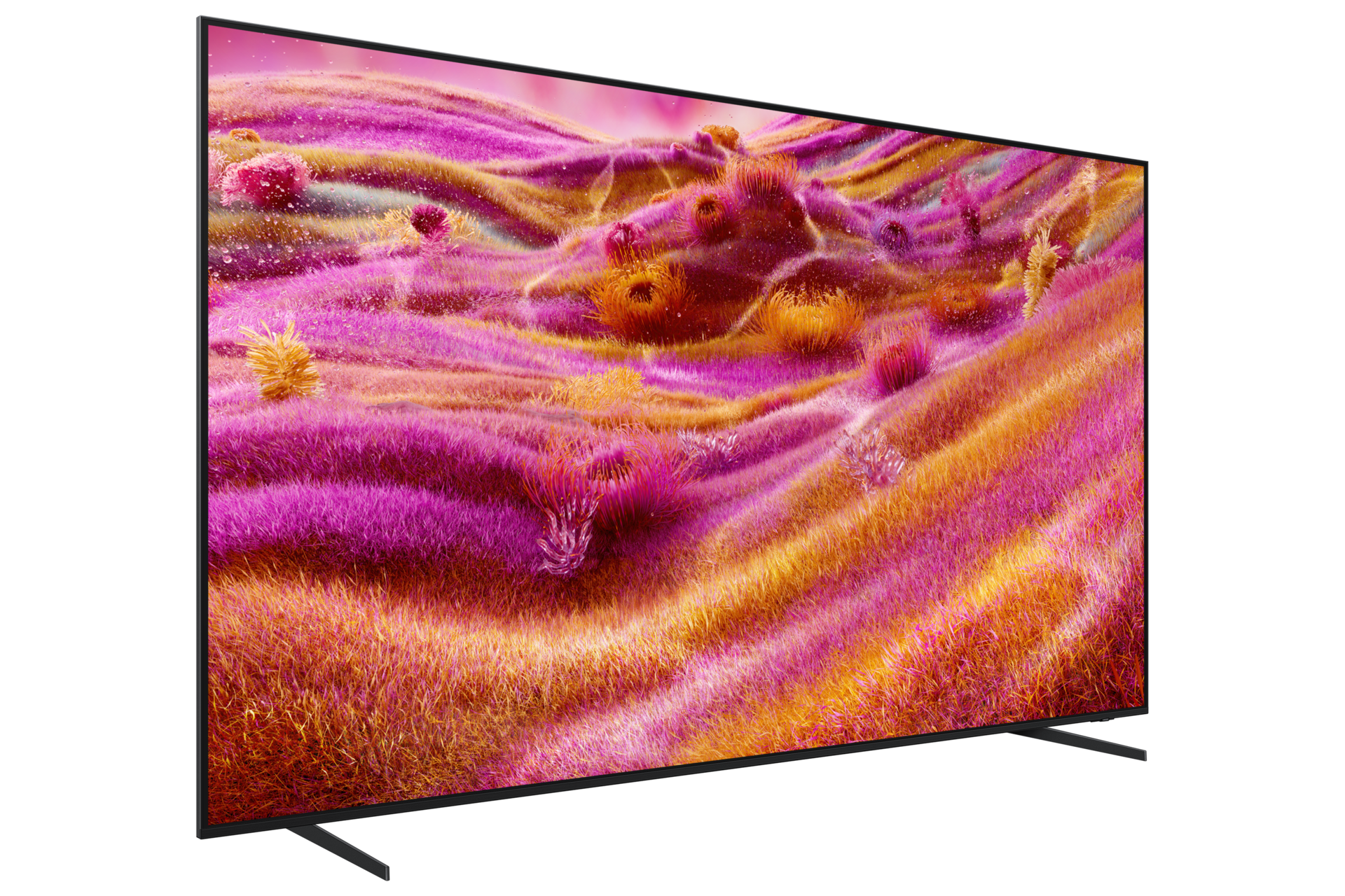 Ein moderner Fernseher mit einem farbenfrohen, abstrakten Hintergrund aus lila und orangenem Gras.