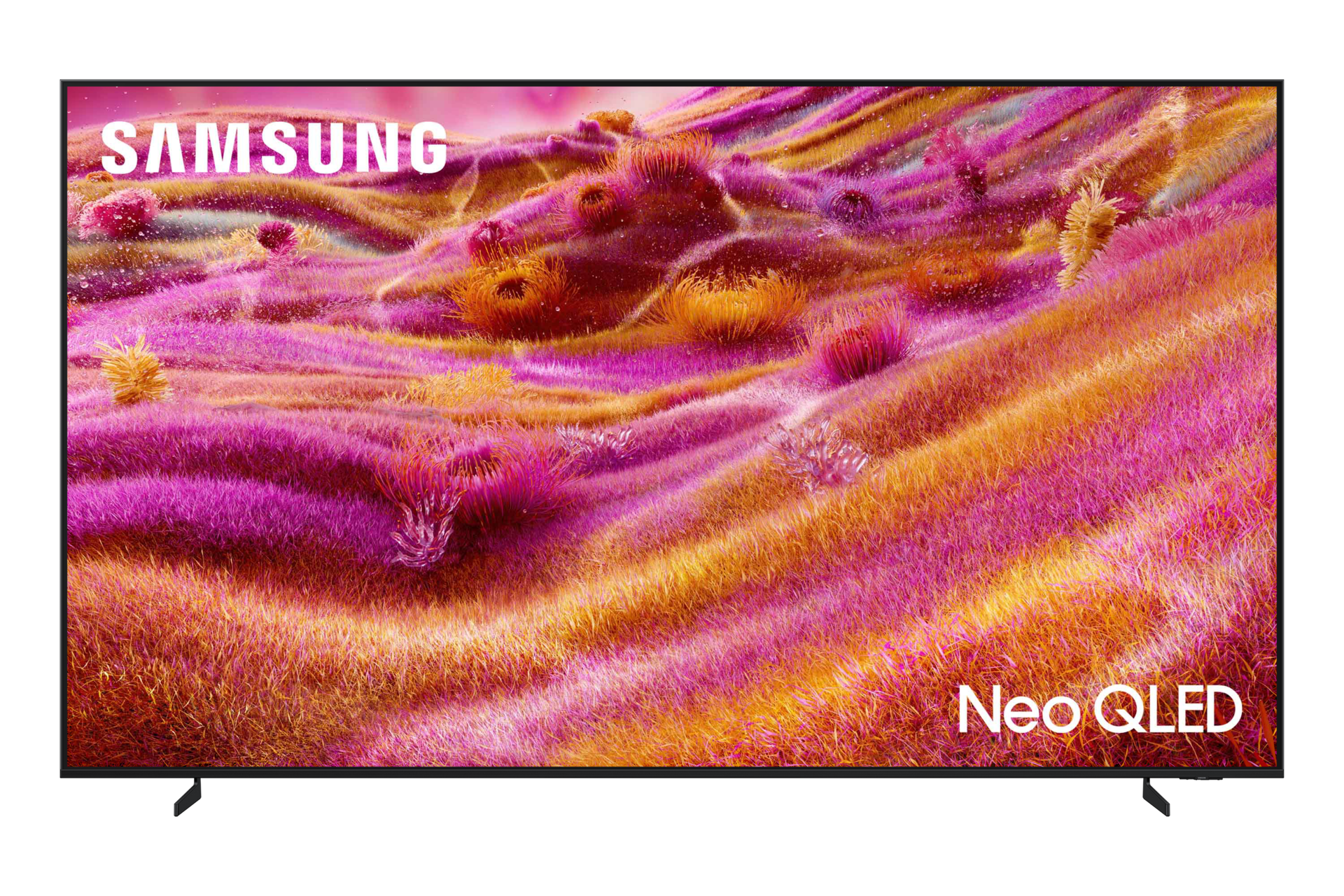 Samsung Neo QLED TV mit rosa und orangefarbenem Grasbildschirm.