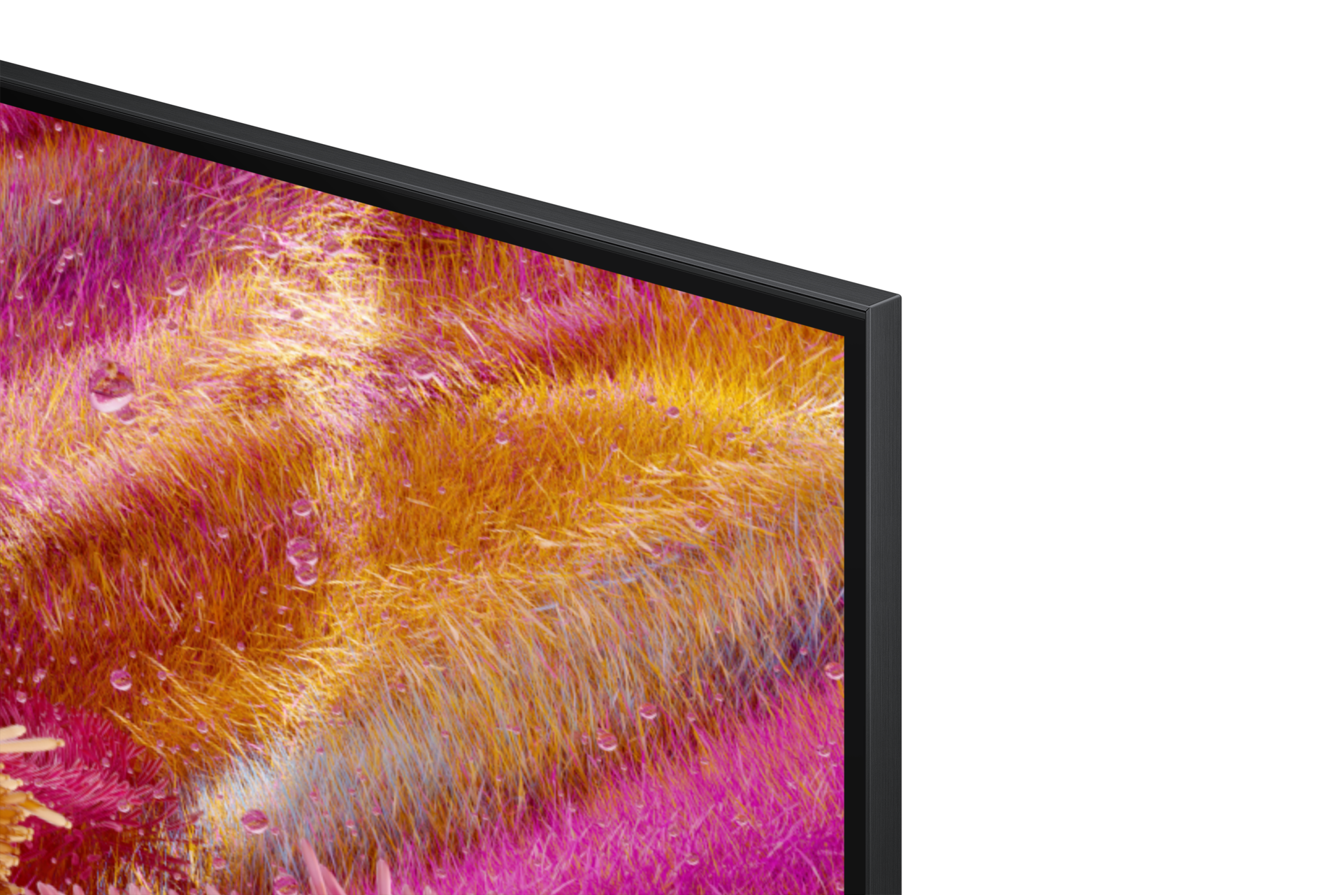 Nahaufnahme eines Fernsehbildschirms mit einem Bild von rosa und gelbem Gras mit Wassertropfen.