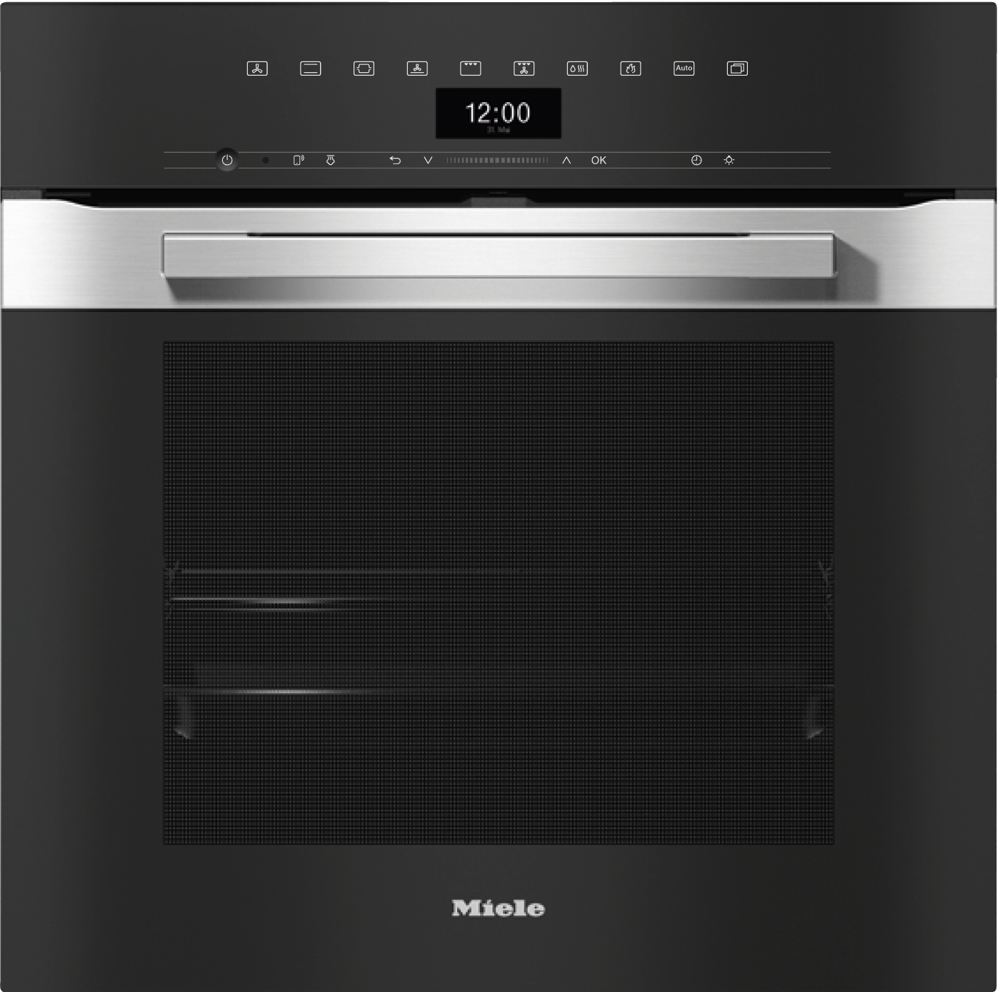 Ein moderner Miele-Ofen mit digitaler Anzeige und Edelstahldetails.