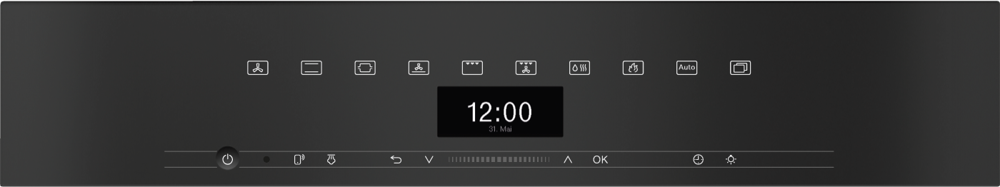 Eine dunkle Oberfläche mit Symbolen und einer digitalen Uhrzeit von 12:00.