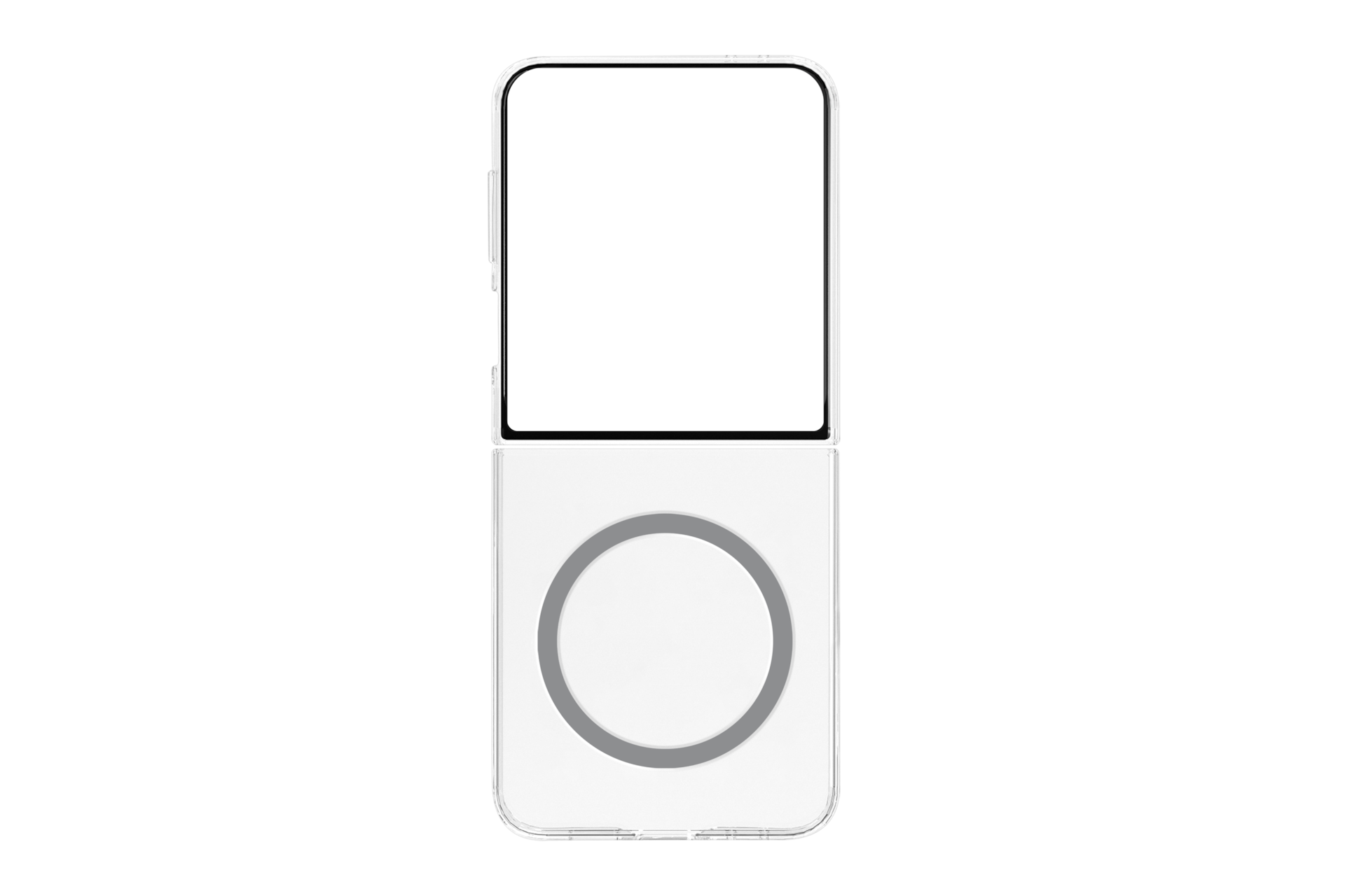 Ein weißes Gehäuse für ein Mobiltelefon mit einem schwarzen Bildschirm.