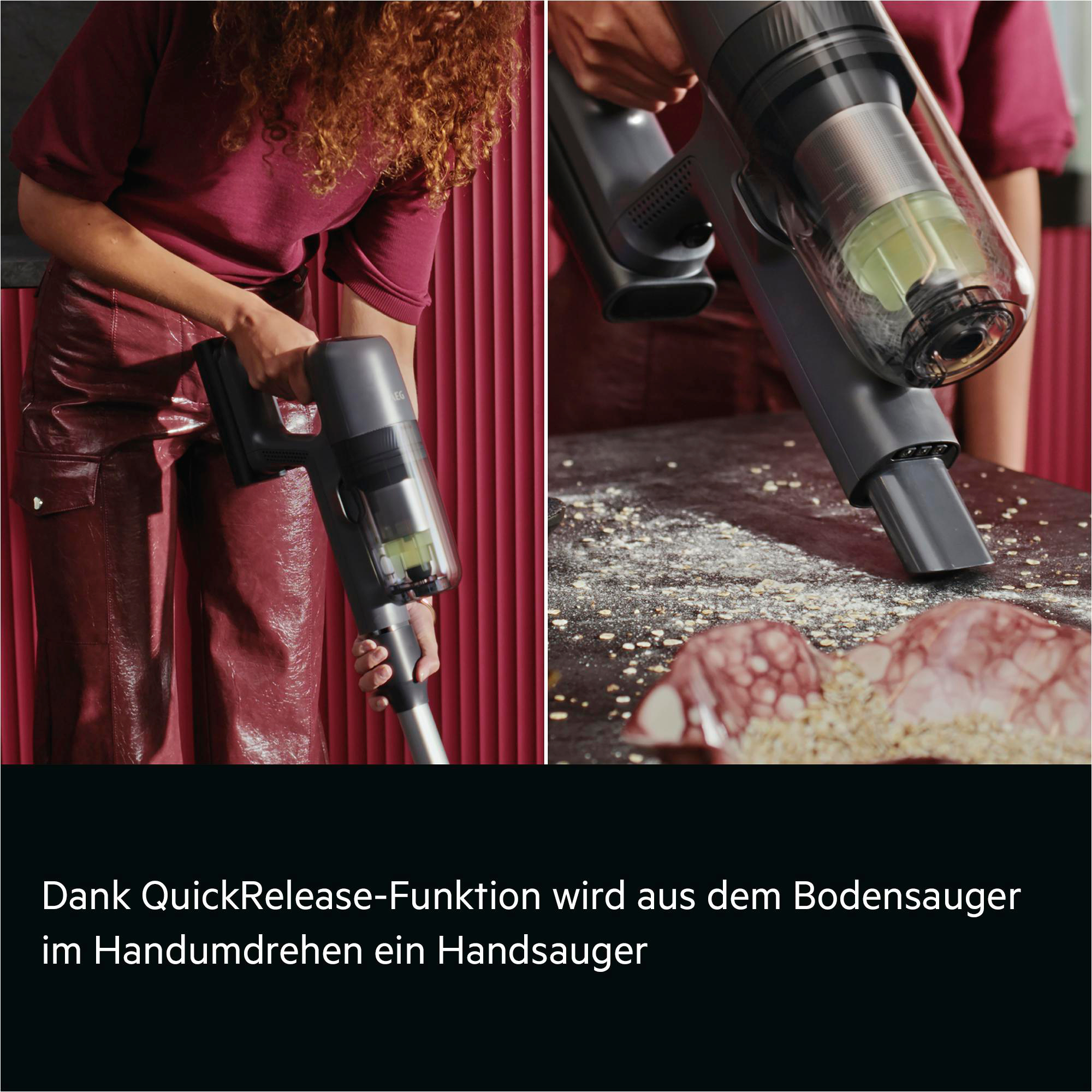 Eine Hand hält einen Handstaubsauger vor einer roten Wand und auf einem Tisch mit Krümeln.