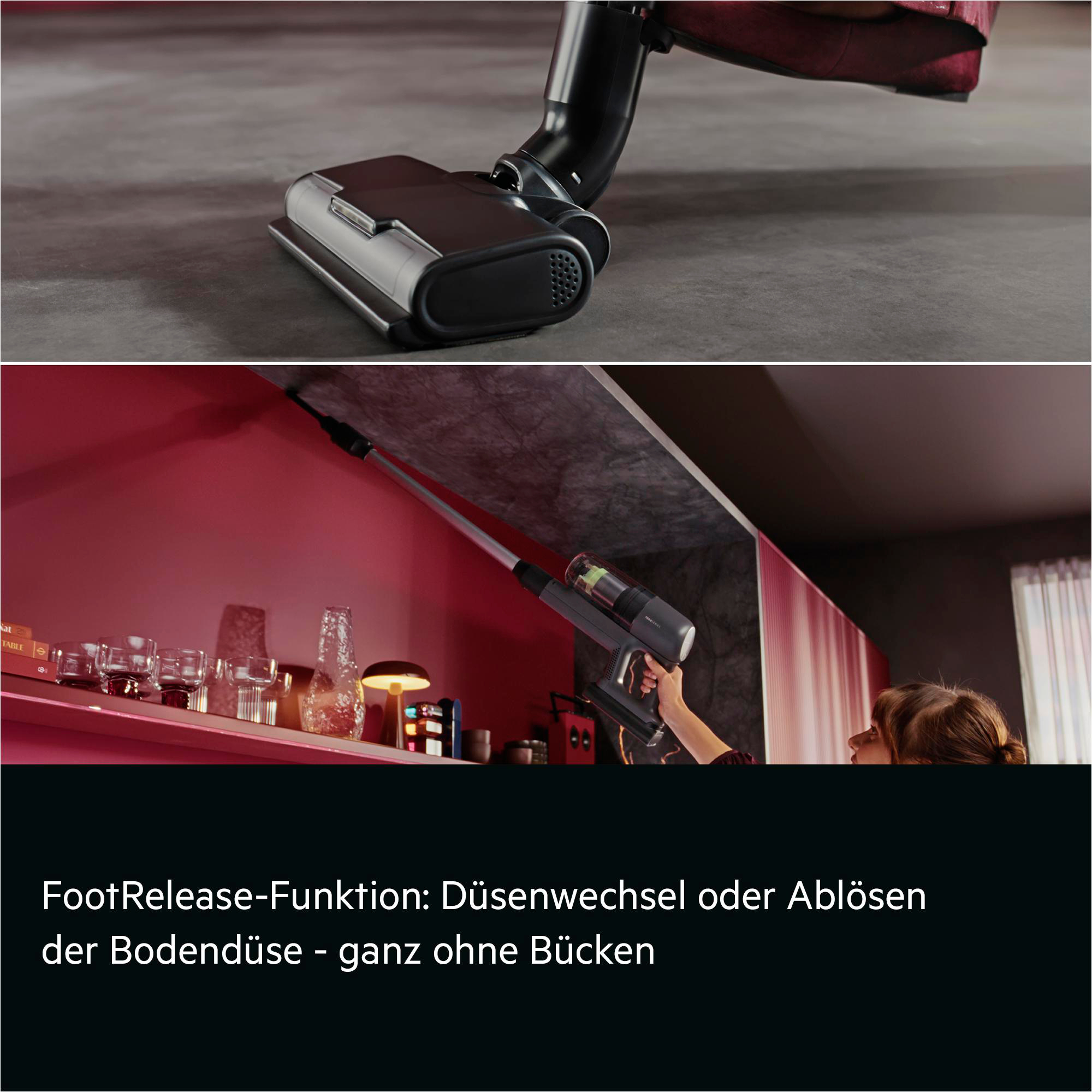 Staubsaugerdüse auf dem Boden und Person nutzt Staubsauger.