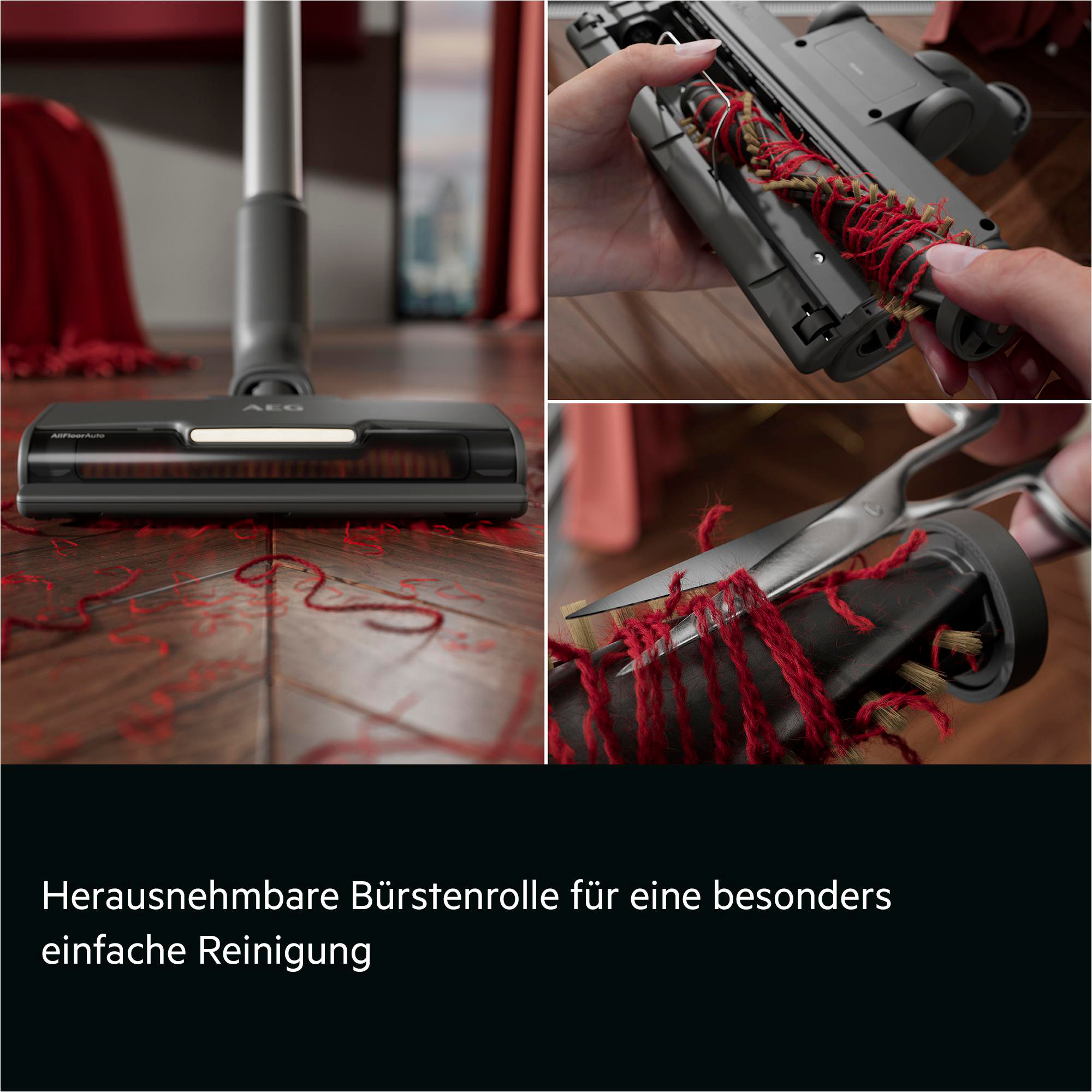 Ein Staubsaugerkopf reinigt Holz, eine Bürste wird von Garn befreit.