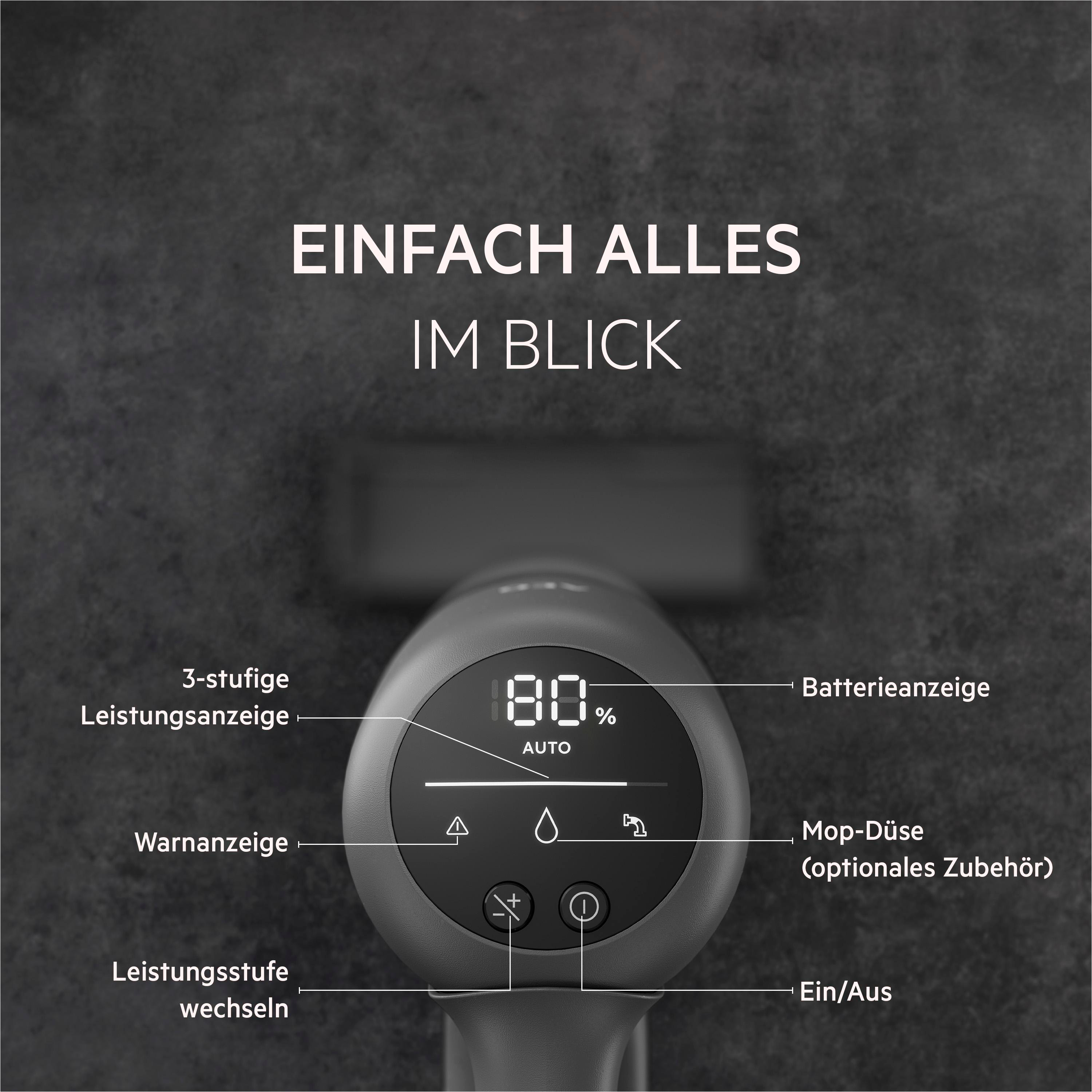 Ein Grauer Handstaubsauger-Griff mit digitaler Anzeige für 80% Akku.