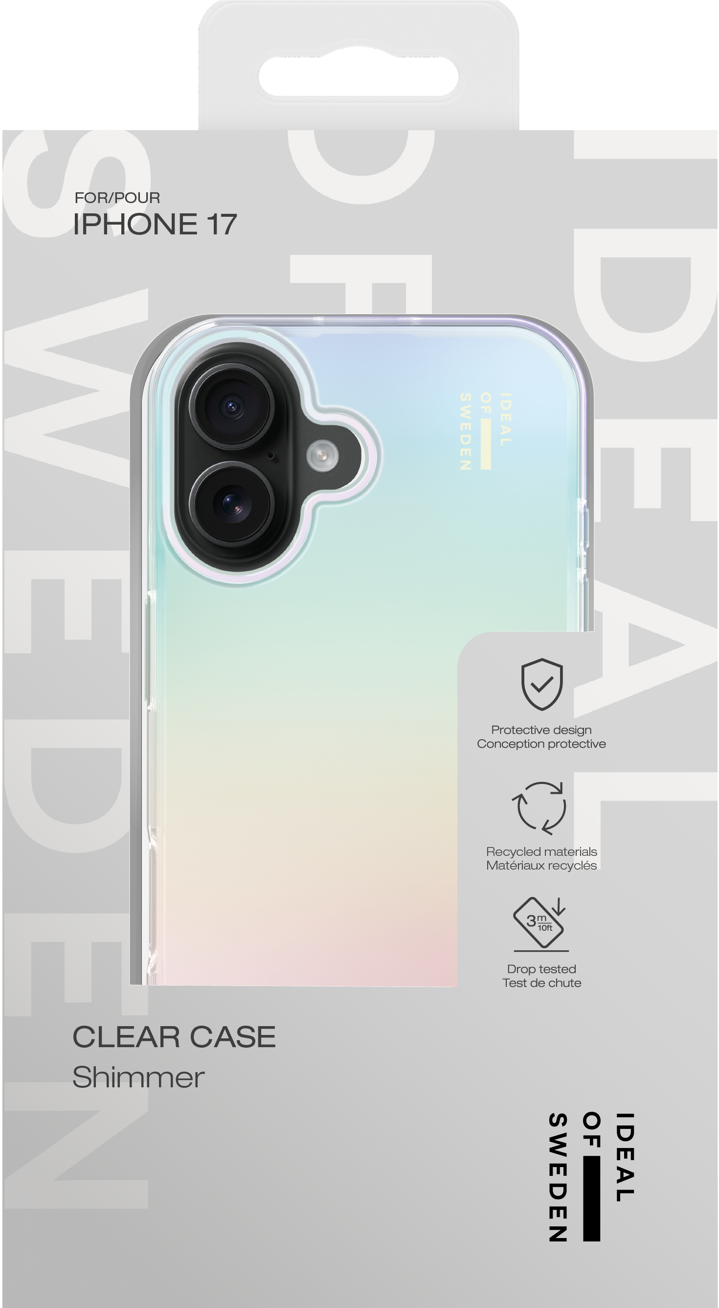 Transparente Hülle für iPhone 17 mit schimmerndem Finish und Schutzmerkmalen.