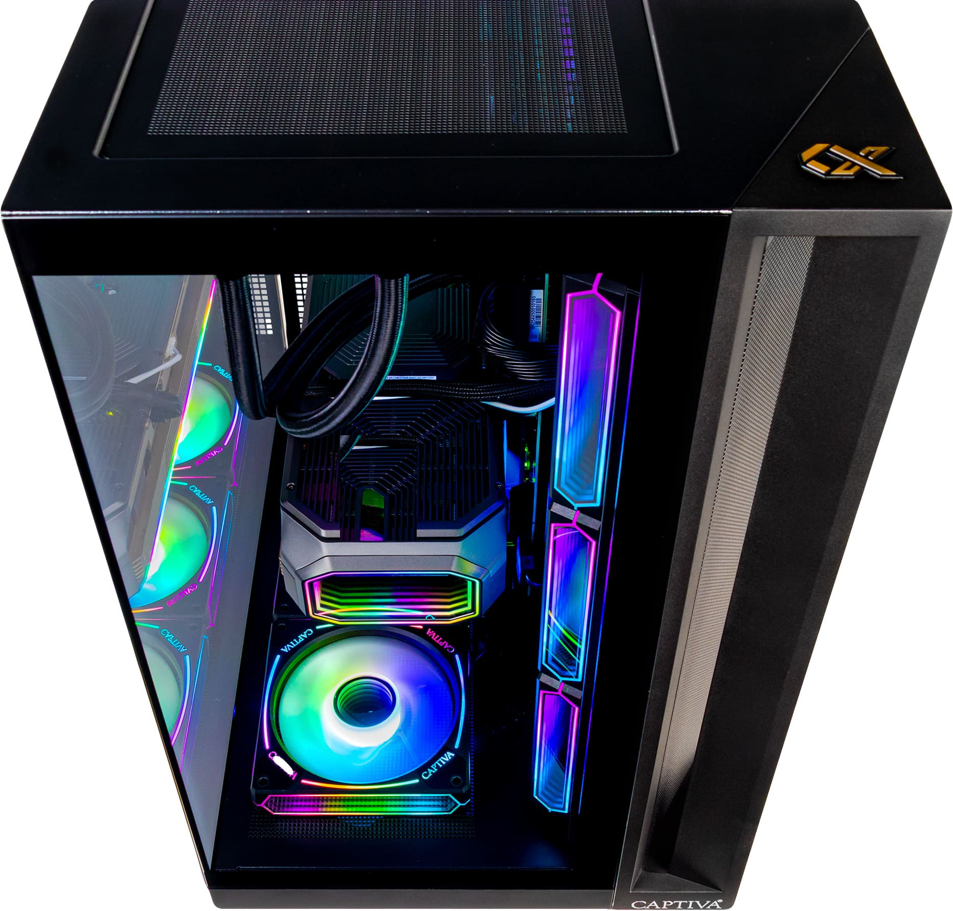 Ein schwarzer PC-Gehäuse mit RGB-Licht, von oben betrachtet.