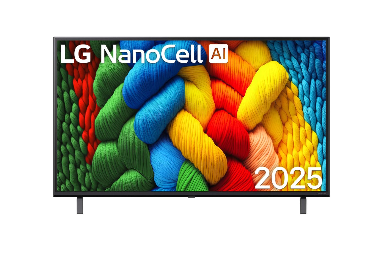 Telewizor LG NanoCell AI z kolorowymi nićmi i rokiem 2025.