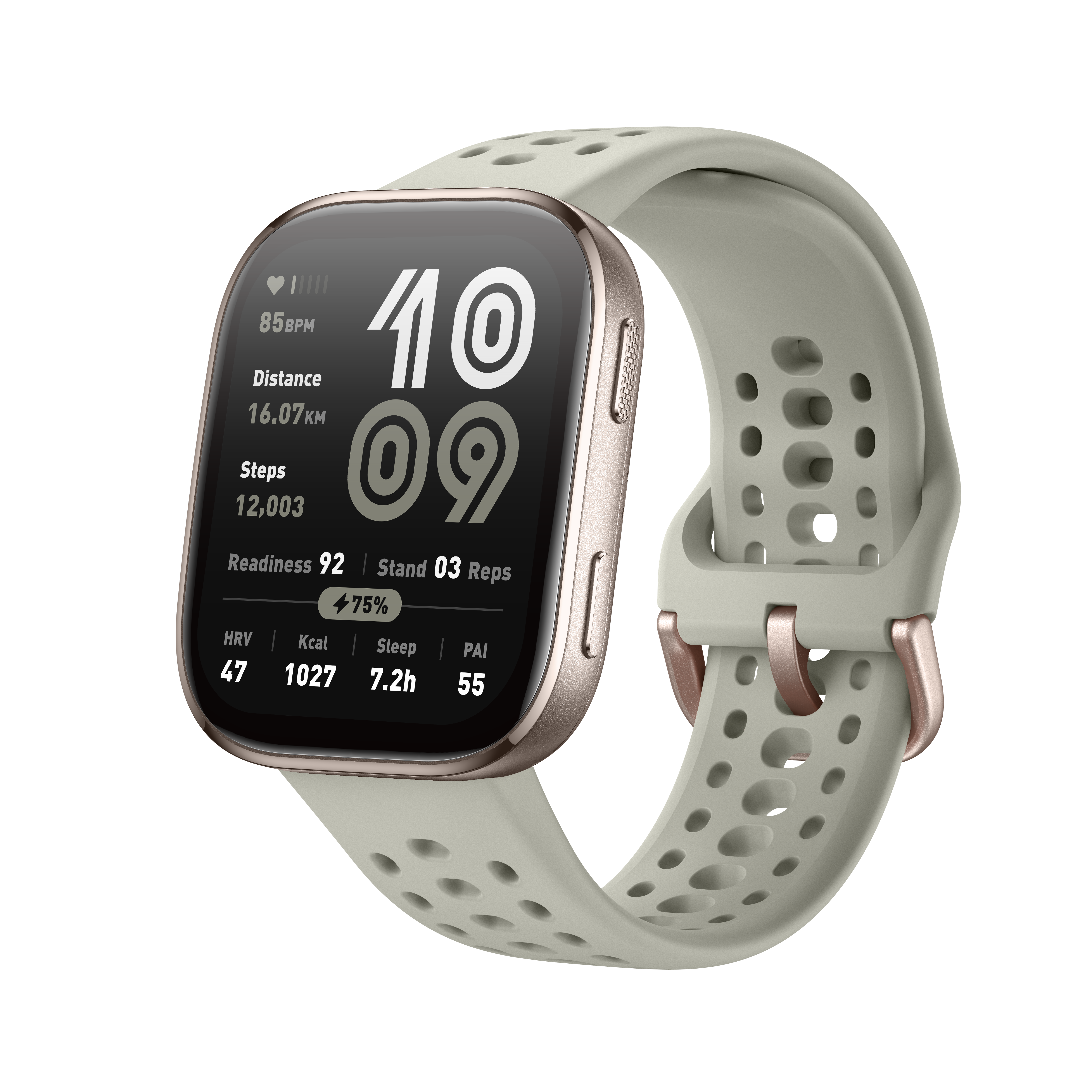 Jasnoszary smartwatch z ramką w kolorze różowego złota, wyświetla tętno, dystans i kroki.