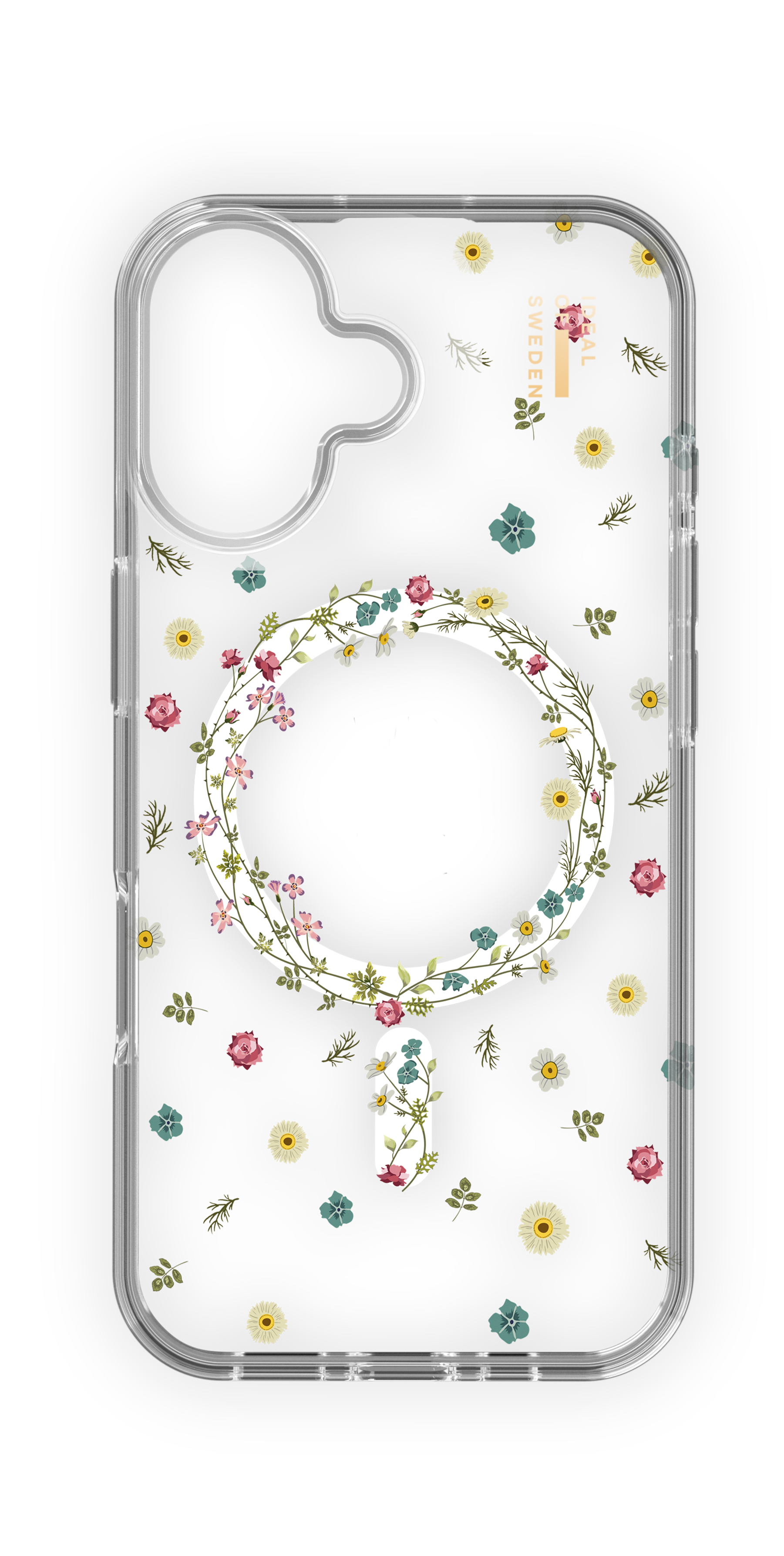 Eine klare Handyhülle mit einem Blumenkranz-Design und rosa, weißen und blauen Blumen auf schwarzem Hintergrund.