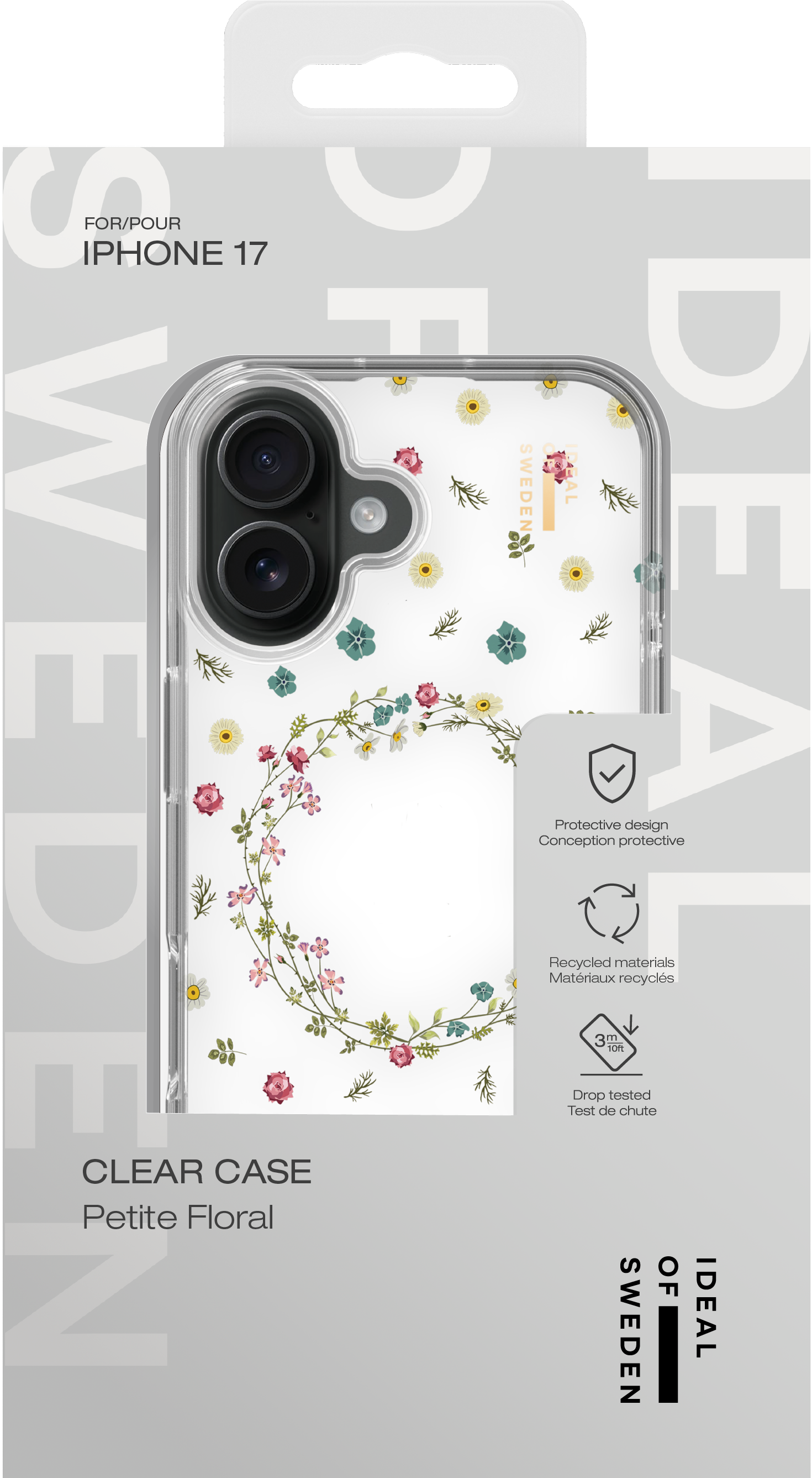 iPhone 17 Hülle mit zartem Blumenmuster. Klare Hülle mit rosa und weißen Blumen.