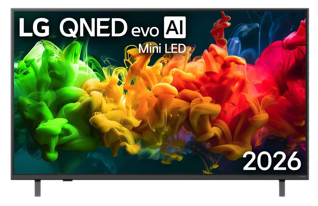 Telewizor LG QNED evo AI Mini LED z kolorowymi chmurami tuszu i rokiem 2026.