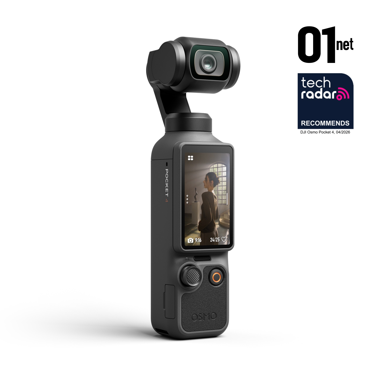 Czarny gimbal DJI Osmo Pocket 4 z kamerą i ekranem.