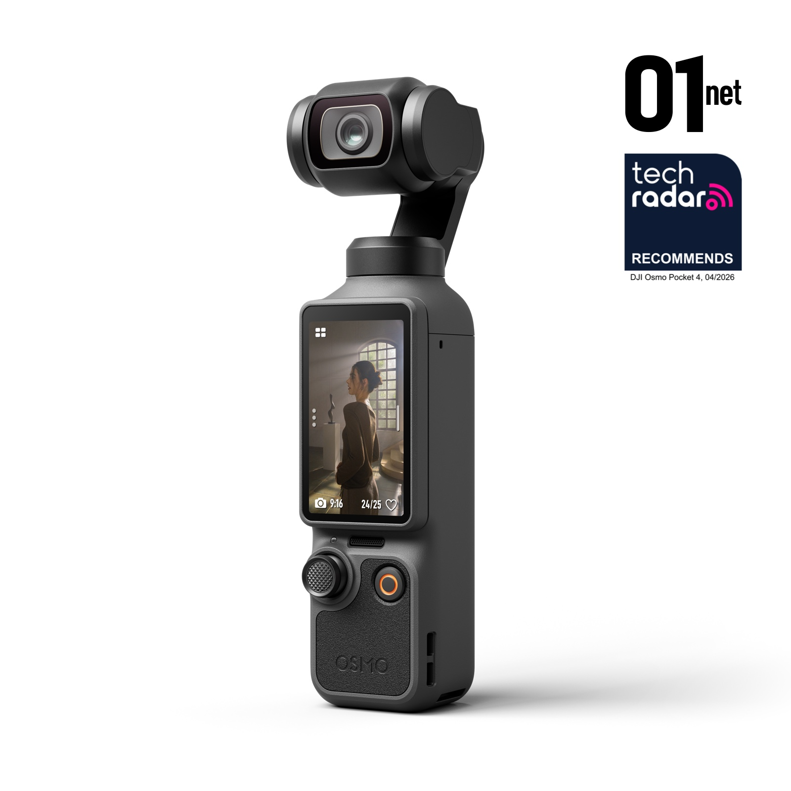 Czarny stabilizator gimbala z ekranem pokazującym kobietę.