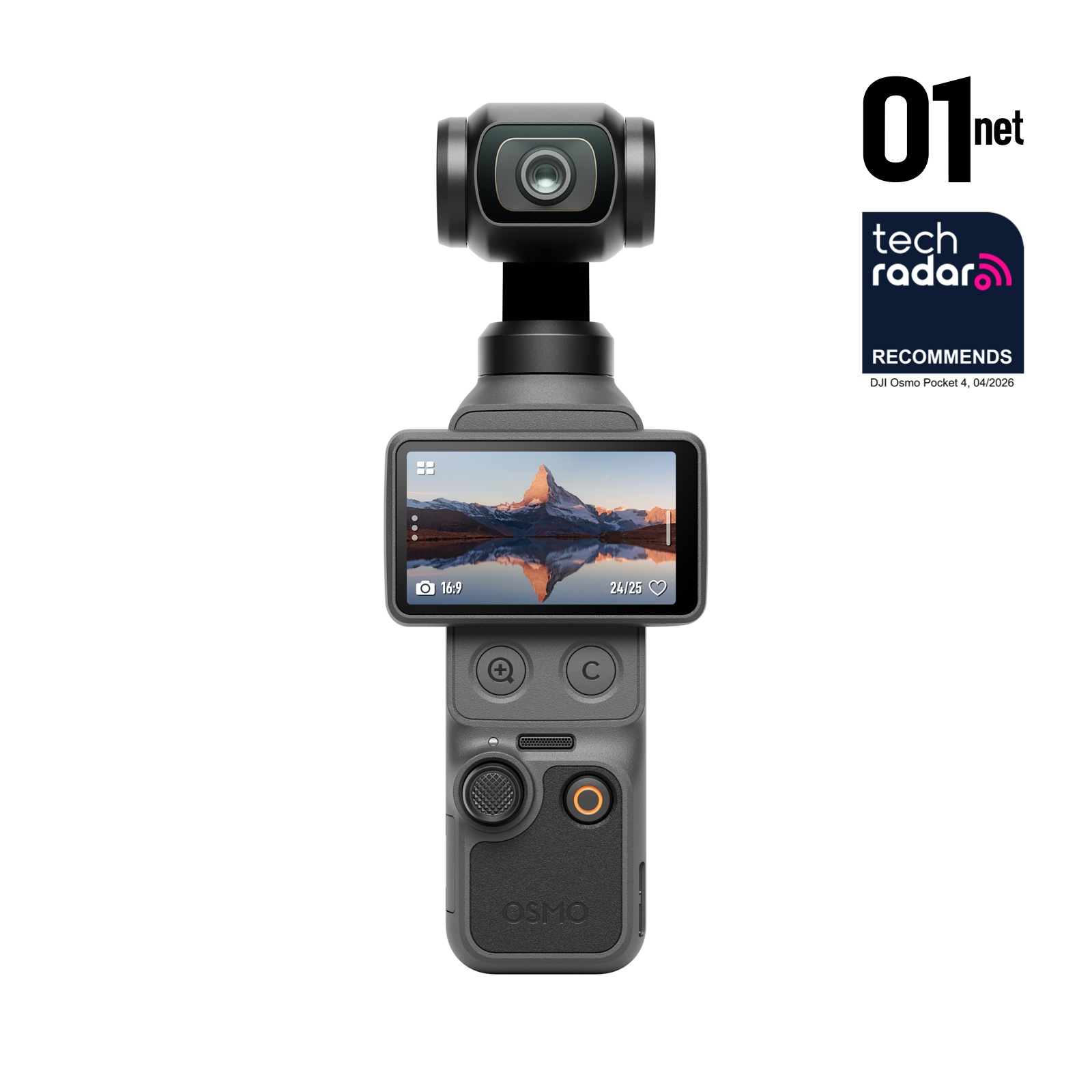 Szary gimbal DJI Osmo Pocket 4 z ekranem kamery pokazującym górę.