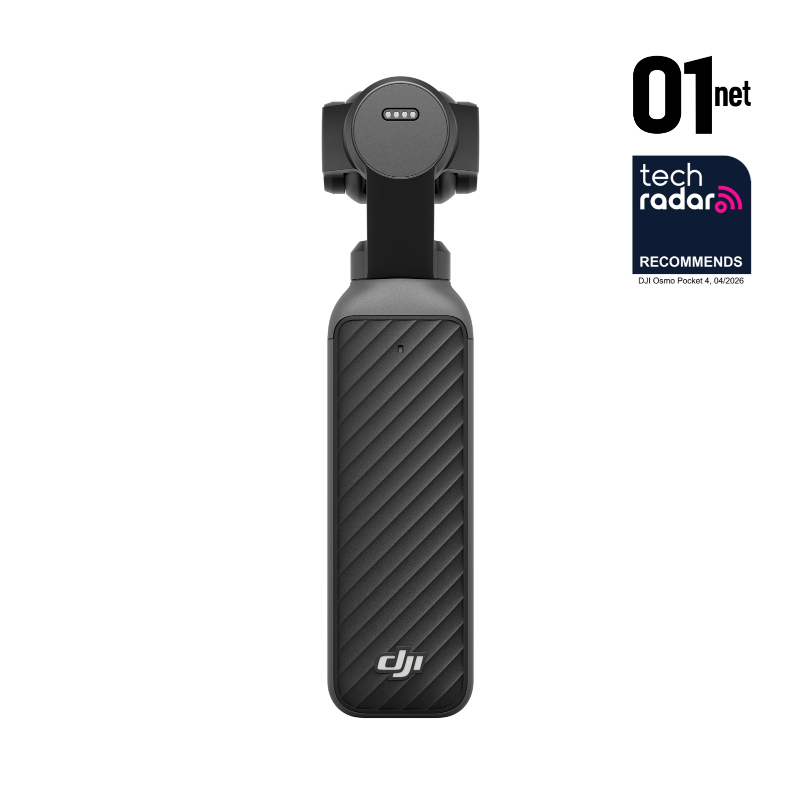 Czarny gimbal DJI Osmo Pocket ze wskaźnikami naładowania i rombowym wzorem.