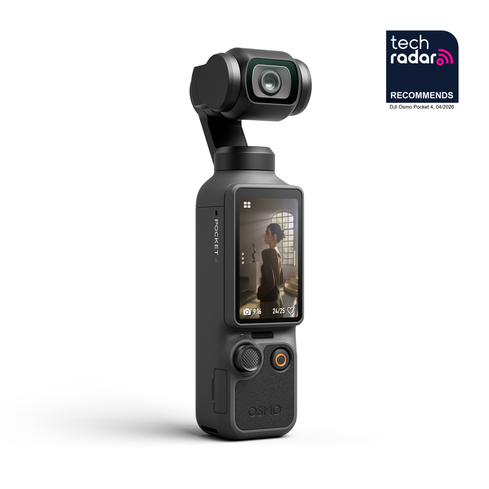 Czarny gimbal DJI Osmo Pocket 4 z ekranem pokazującym kobietę.