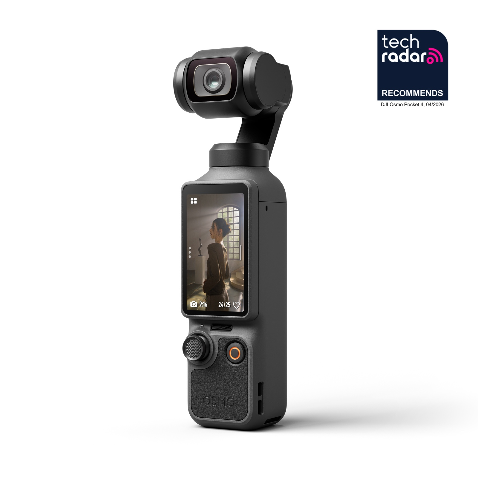 Czarny gimbal DJI Osmo Pocket 4 z ekranem pokazującym kobietę.