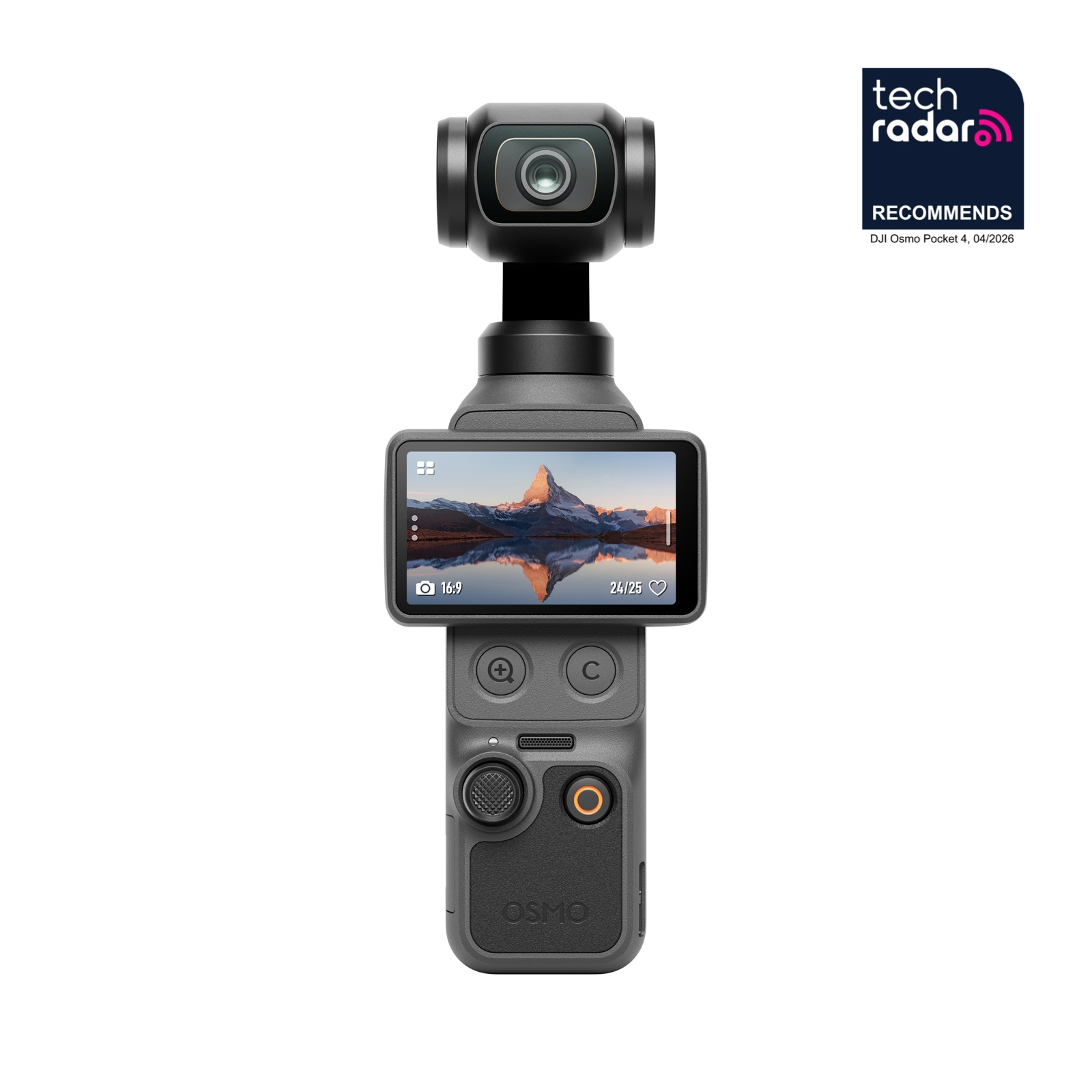 Szary gimbal z kamerą, ekran dotykowy pokazuje górski krajobraz. Logo TechRadar.