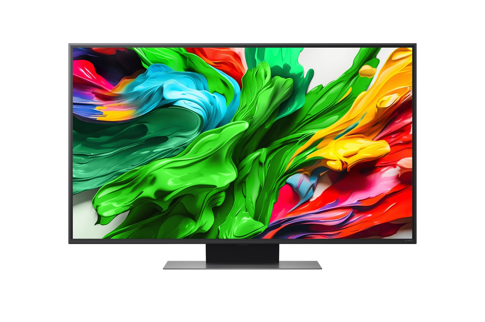 Nowoczesny czarny telewizor wyświetla abstrakcyjny obraz kolorowych pociągnięć pędzla.