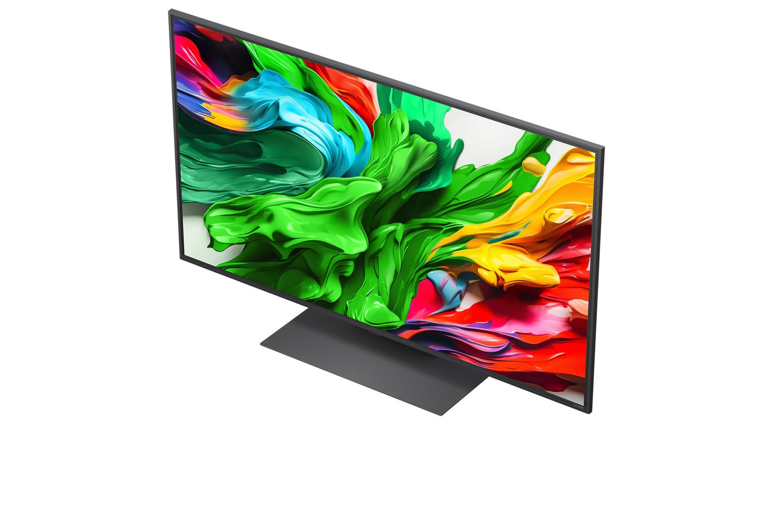 Nowoczesny telewizor z płaskim ekranem wyświetlający żywy, abstrakcyjny, kolorowy obraz na szarej podstawie.