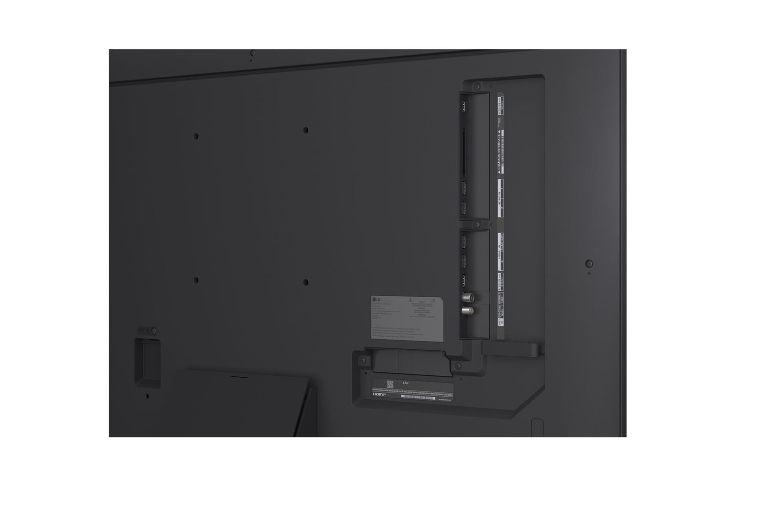Tył telewizora z różnymi portami: HDMI, USB, LAN i antena.