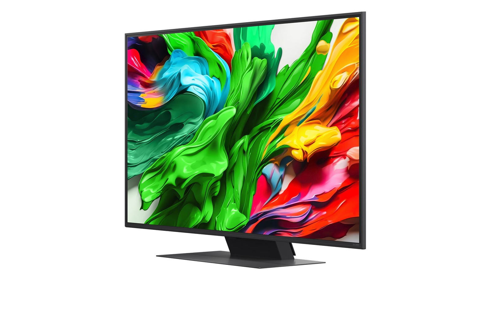 Nowoczesny czarny telewizor wyświetlający żywy, abstrakcyjny kolorowy ekran.