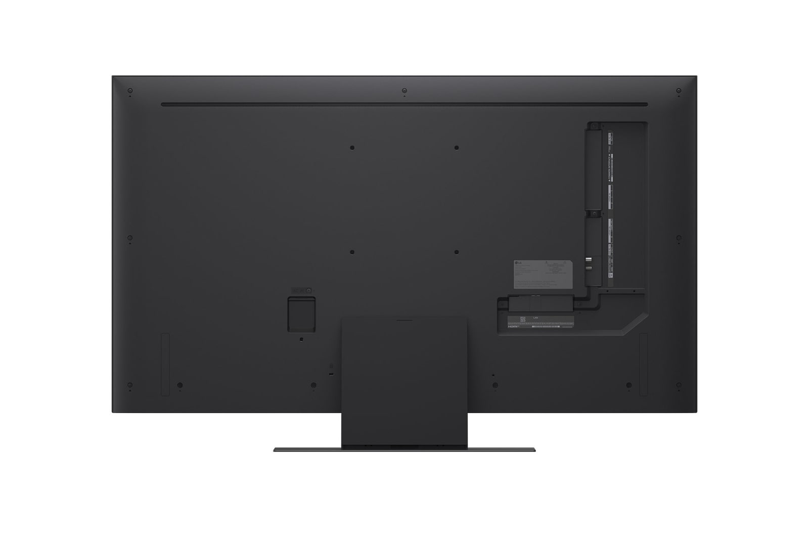 Tył czarnego telewizora z portami i podstawą. Minimalistyczny design.